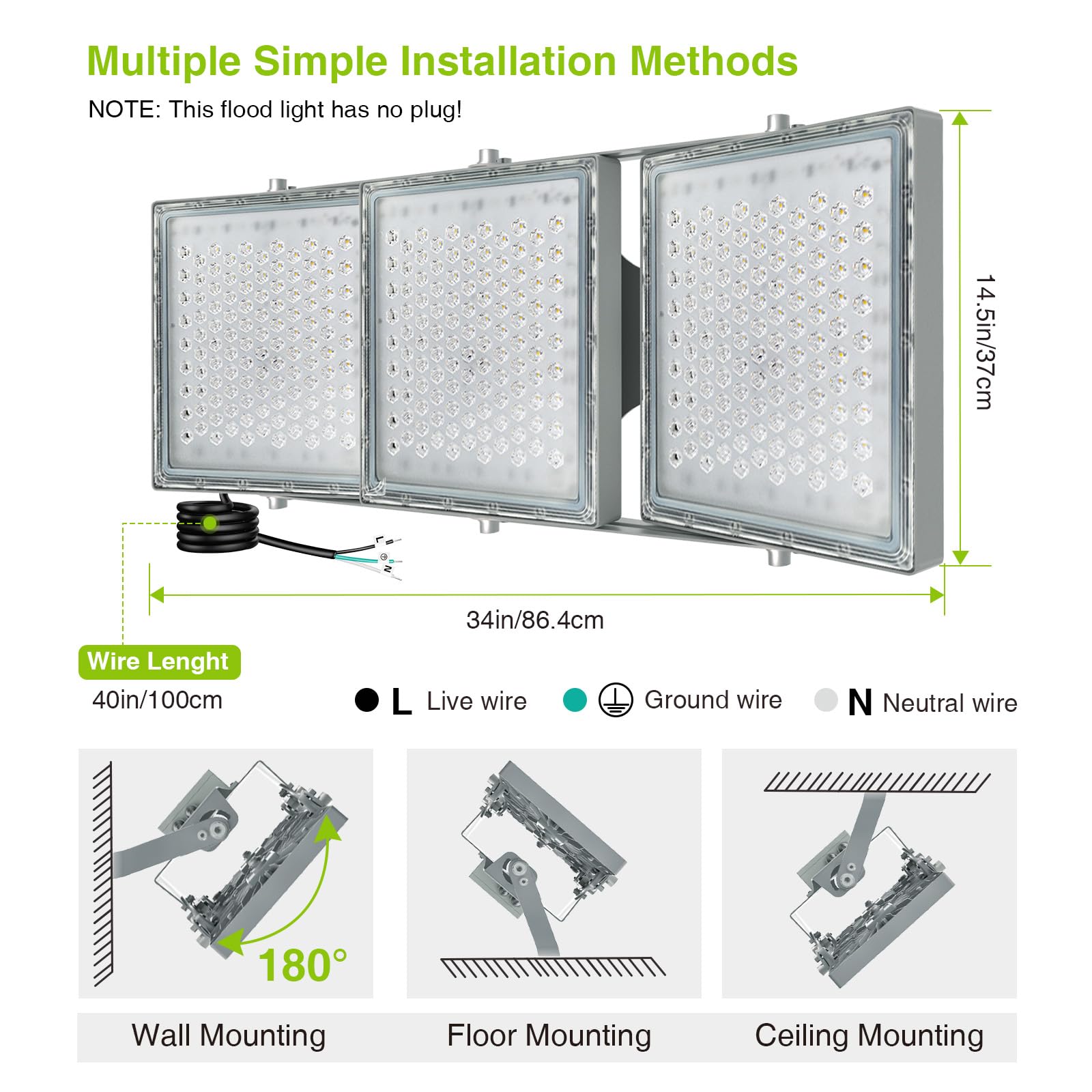 STASUN 900W LED Flood Light - 90000LM, Dusk to Dawn, IP66 Waterproof, 3-Head Multi-Angle, Gray, Model 20172