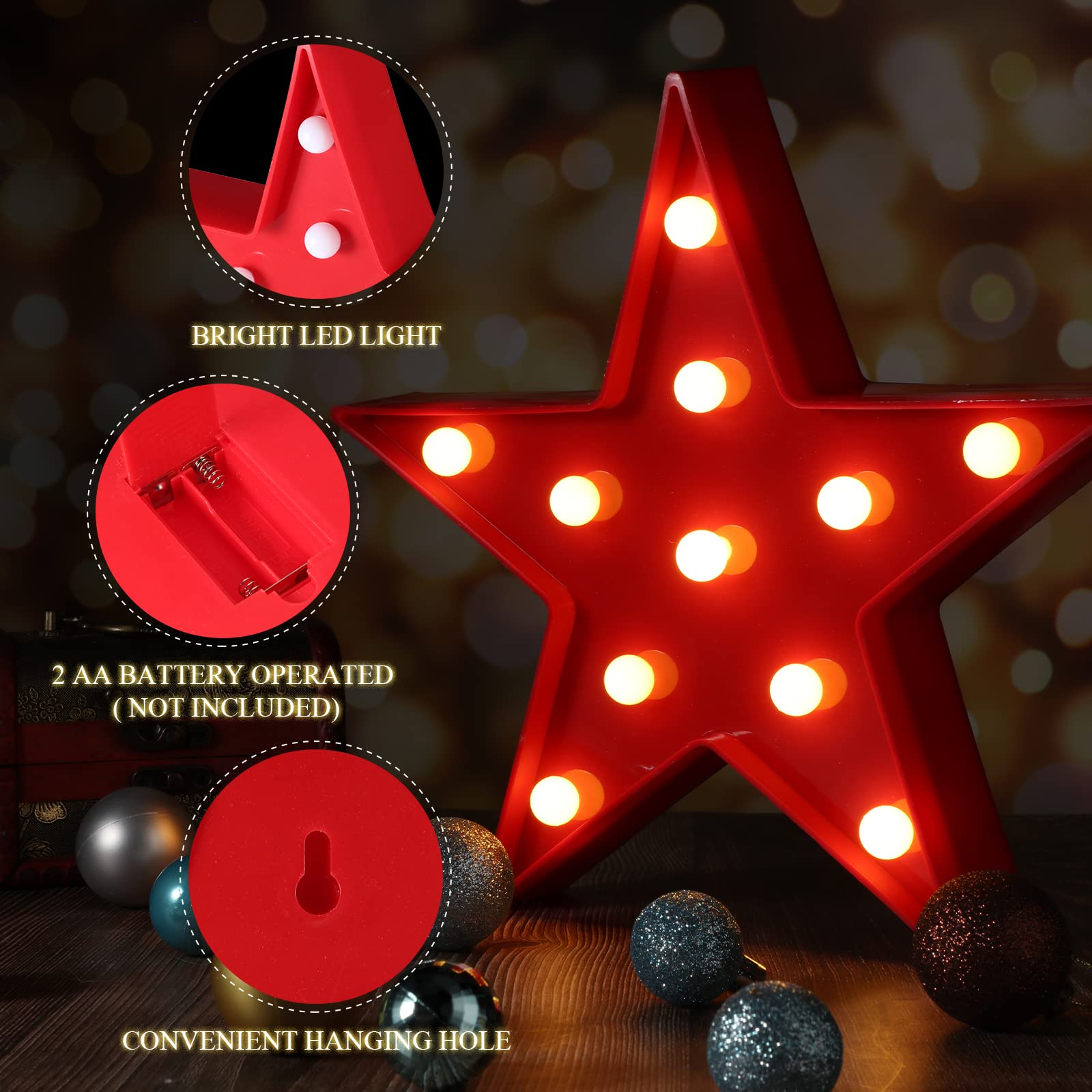 Tarpop 2 Pcs Star Plastic Night Light Battery Operated Led Marquee Light Star Sign Room Wall Lamp For Movie Night Supplies Carpet Party Decorations Christmas Theater(Red)
