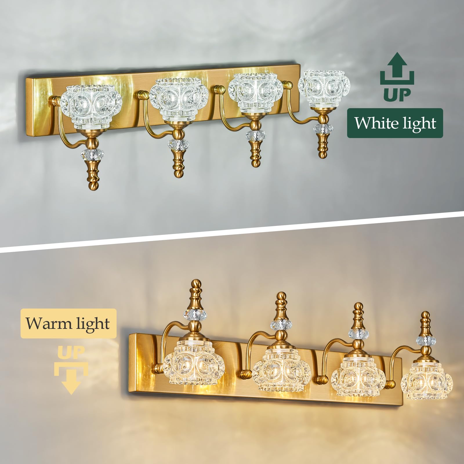 Lbsqj Modern Glass Crystal Vanity Light - Vintage Bathroom Lighting Fixtures Over Mirror  4 Light Vanity Lights G9 Bulb (27.55 Inch  Gold)