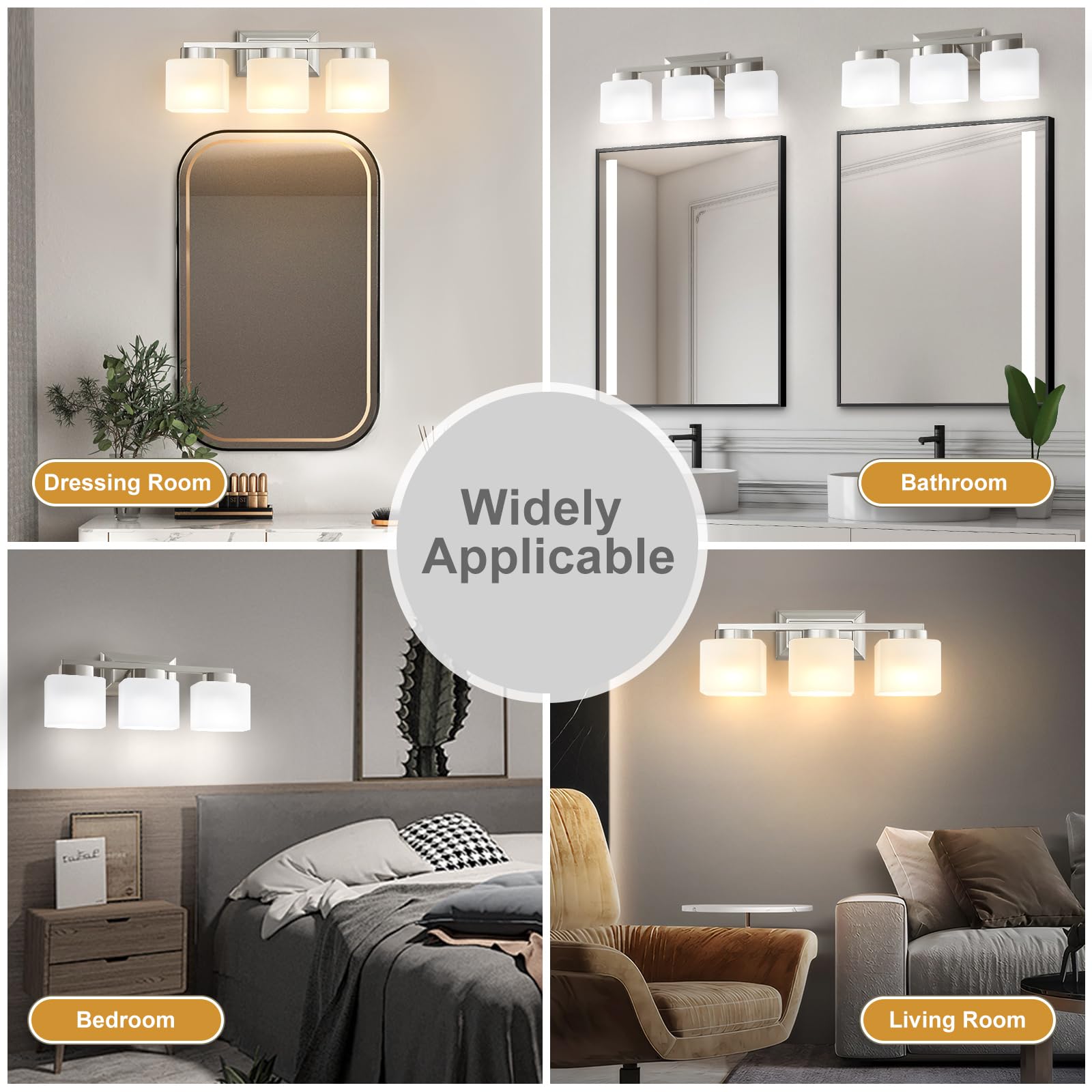 Ejiaxin 3-Light Bathroom Light Fixtures - Brushed Nickel Bathroom Vanity Lights With Glass Shade Modern Bathroom Lighting Fixtures Over Mirror - Wall Sconce Lamps For Bedroom Living Room Hallway
