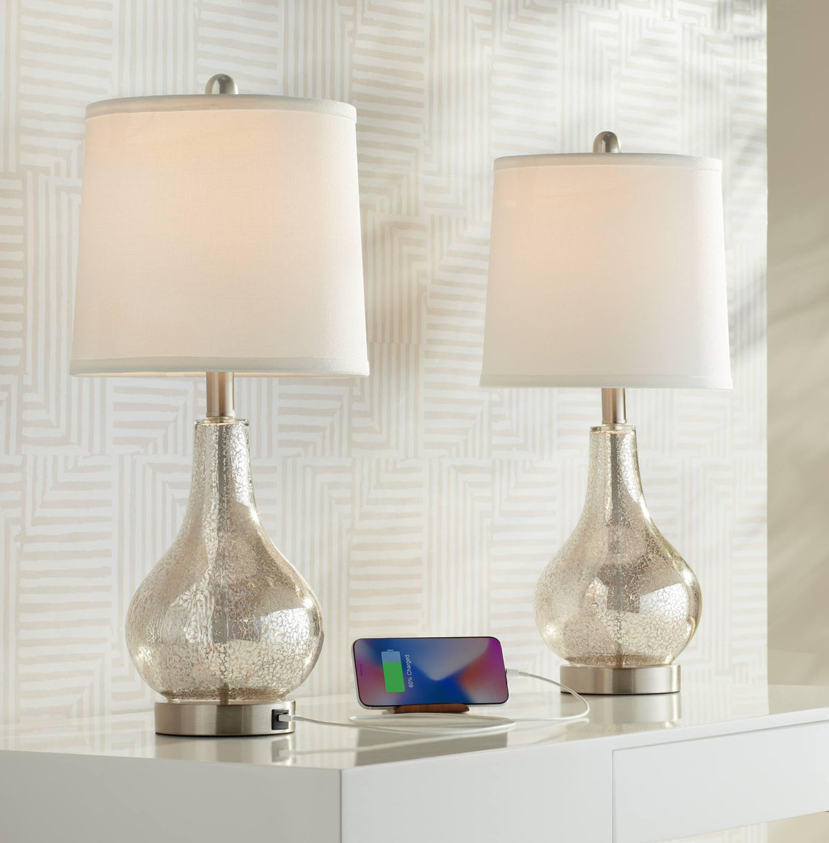 360 Lighting Ledger Modern Accent Table Lamps 21.75 High Set Of 2 With Usb Charging Port And Table Top Dimmers Mercury Glass Off