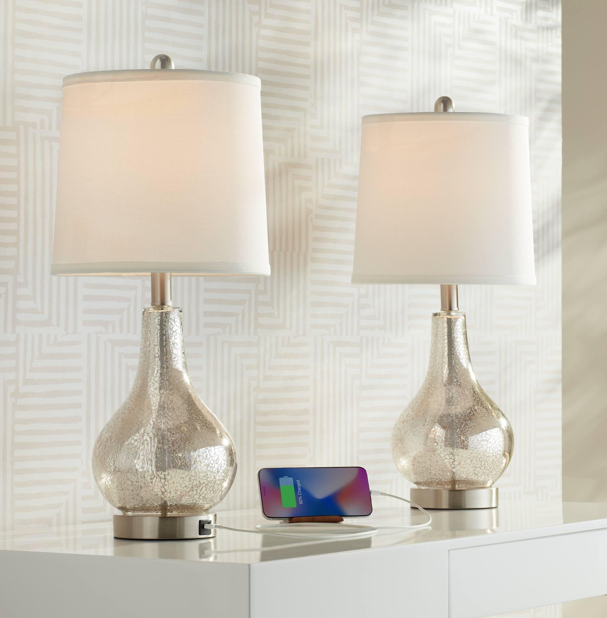 360 Lighting Accent Table Lamps Set of 2 with USB Charging Port, 21.75in High, Mercury Glass, Brushed Nickel, Model 23X82