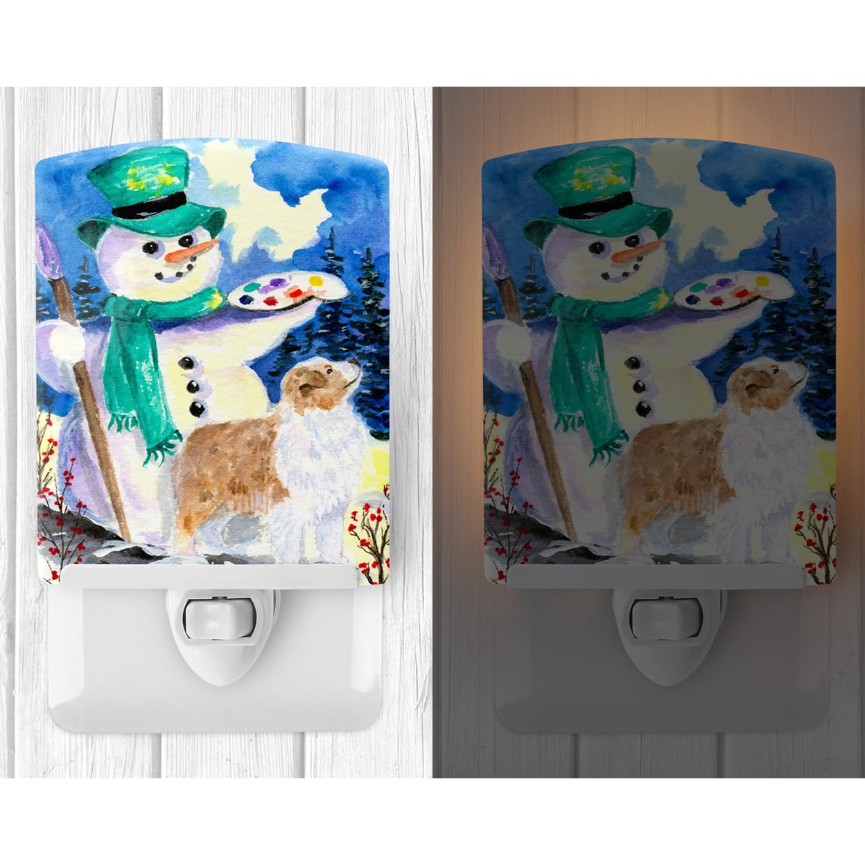 Carolines Treasures Ceramic Night Light, Snowman with Australian Shepherd, UL-Certified, 6x4x3in, Multicolor, Model SS8996CNL