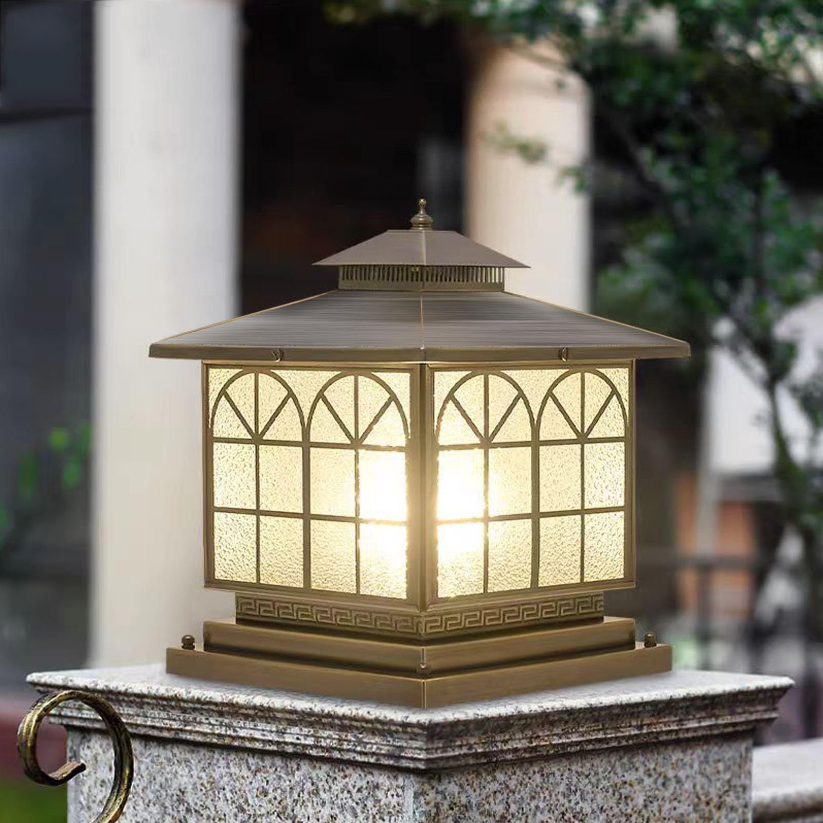 JHOTEC All Copper Steel Glass Outdoor Post Lights  Waterproof Pillar Light  Vintage Patio Lawn Column Lamp Outdoor Column Lights Deck Lights  Lantern Fence Lamp Fixture E26 Base (Arch Glass  12X12IN)