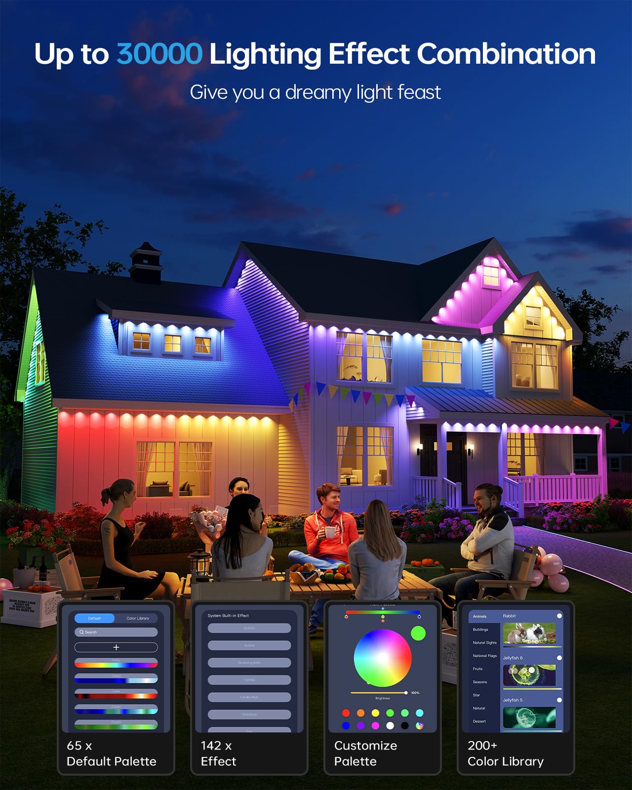 ASAHOM AI Permanent Outdoor Lights S107B, 100FT, 72 RGBCW LEDs, Black, Cuttable, 30,000 Effects, Dual Output for Outdoor Decor