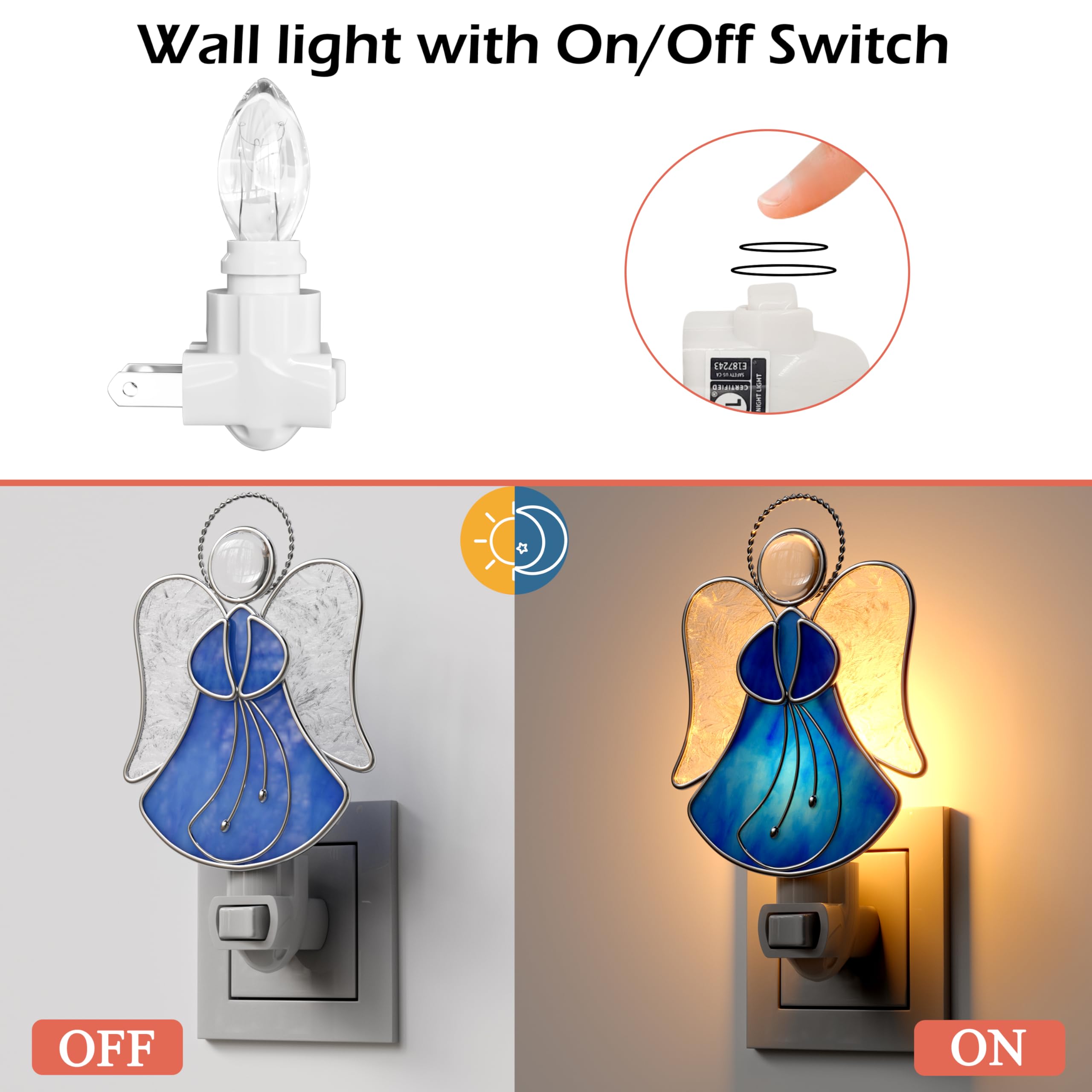 Kundgla Stained Glass Angel Night Lights Plug Into Wall, Angel Bright Plug In Nightlight, Suncatcher Embedded In Glass, Gift For