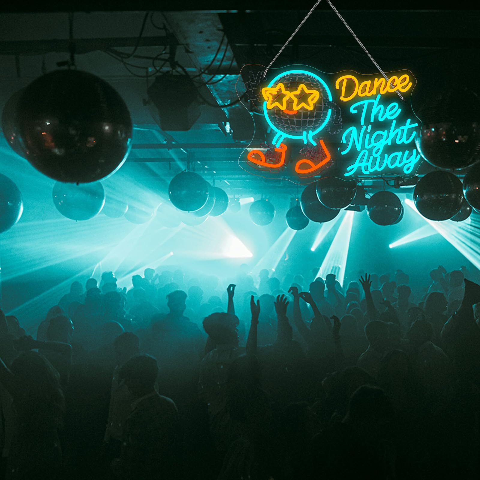 Wanxing Neon Sign - Dance The Night Away Disco Ball Light, Dimmable LED, 12in W x 15.54in L, Retro Design for Parties and Decor