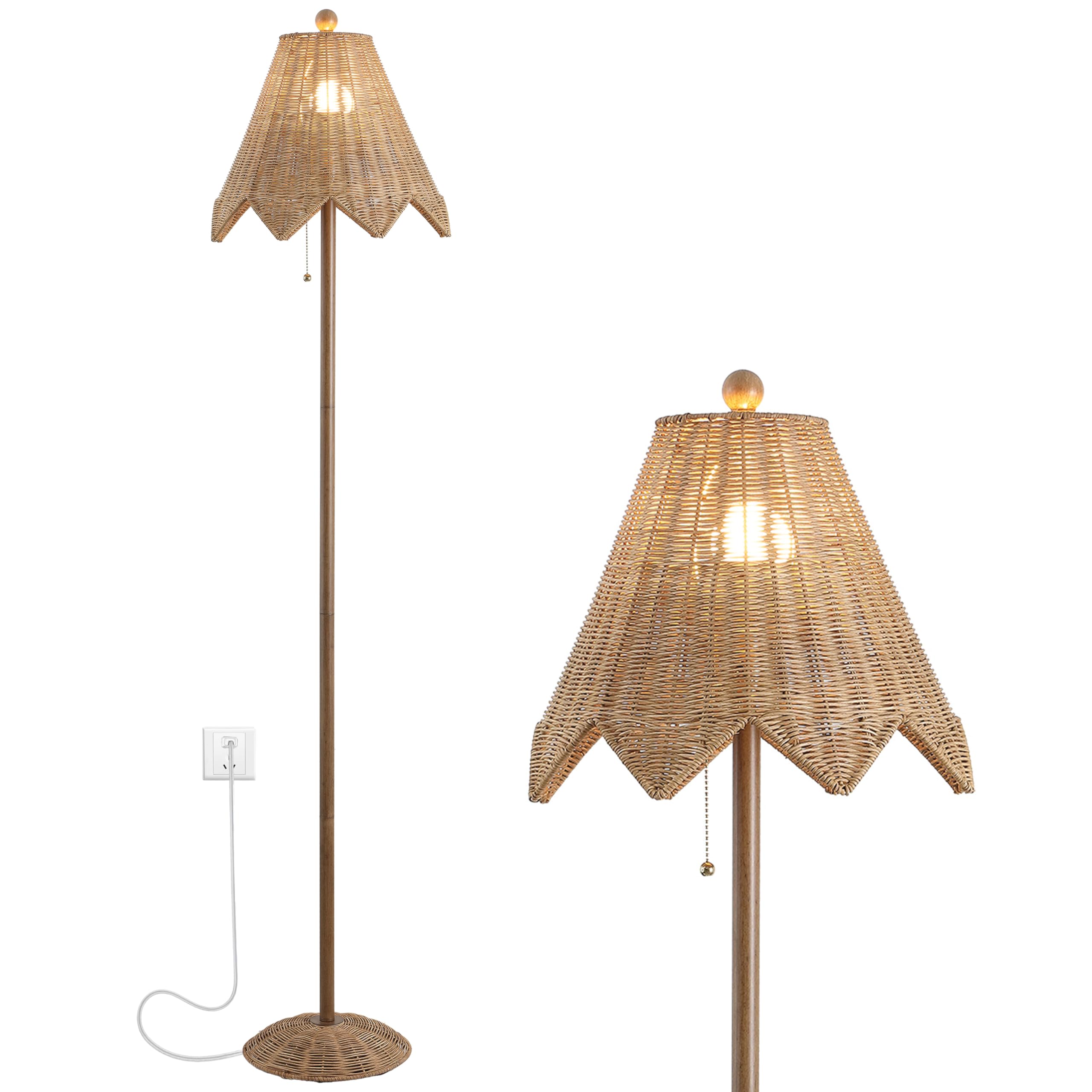 JONATHAN Y 60.5 Natural Brown Rattan Scalloped Floor Lamp, Traditional Coastal Bohemian Wicker Standing Light for Living Room, P