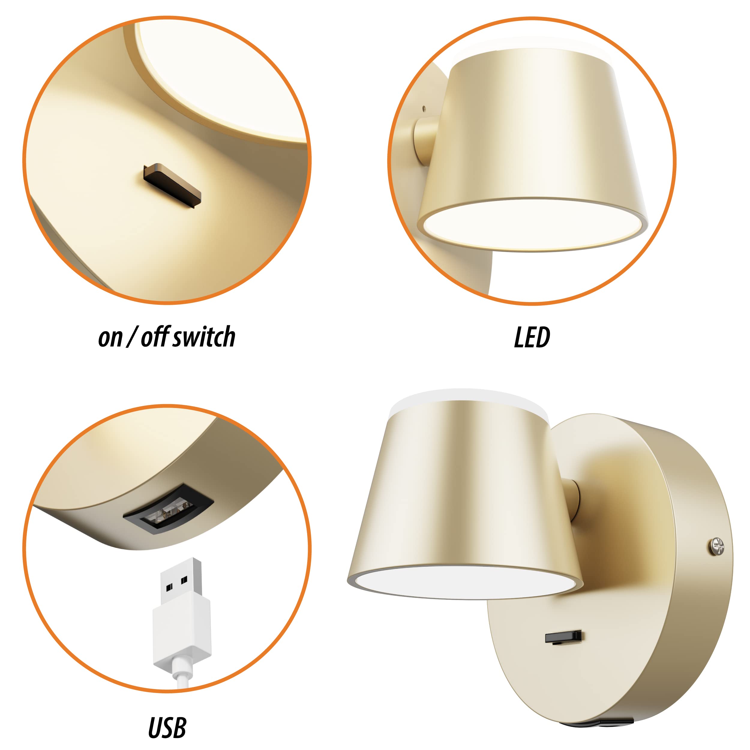 URSOLA LED Wall Sconce with On/Off Switch, USB Charging Port, 1 PC Hardwired, Metal, Champaign, Model 7540-1T