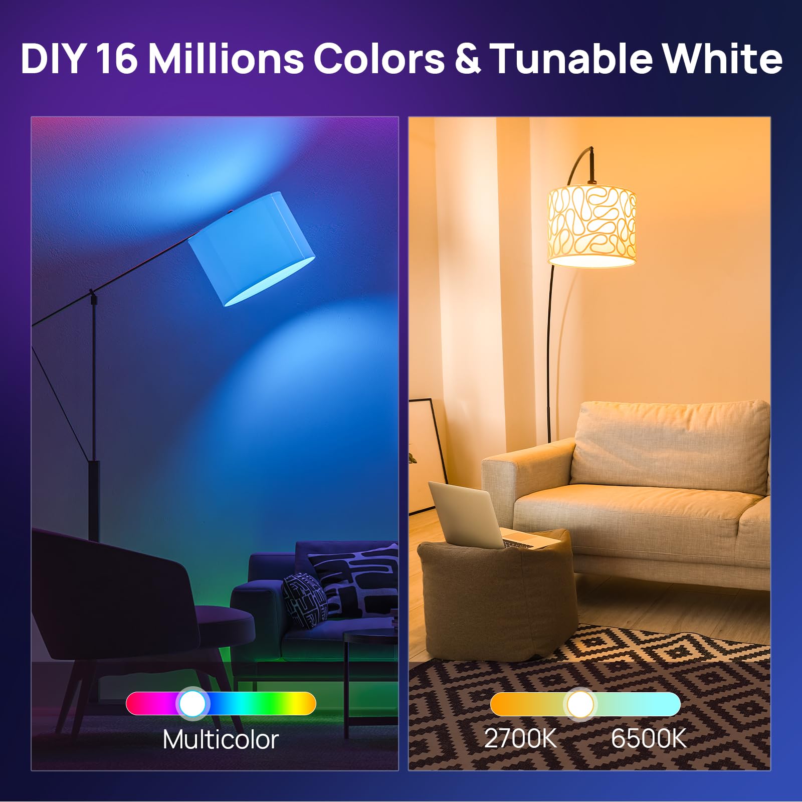 Consciot Smart LED Light Bulbs, WiFi A19 E26, Color Changing, 2 Pack, 800lm, Dimmable, Compatible with Alexa & Google Home