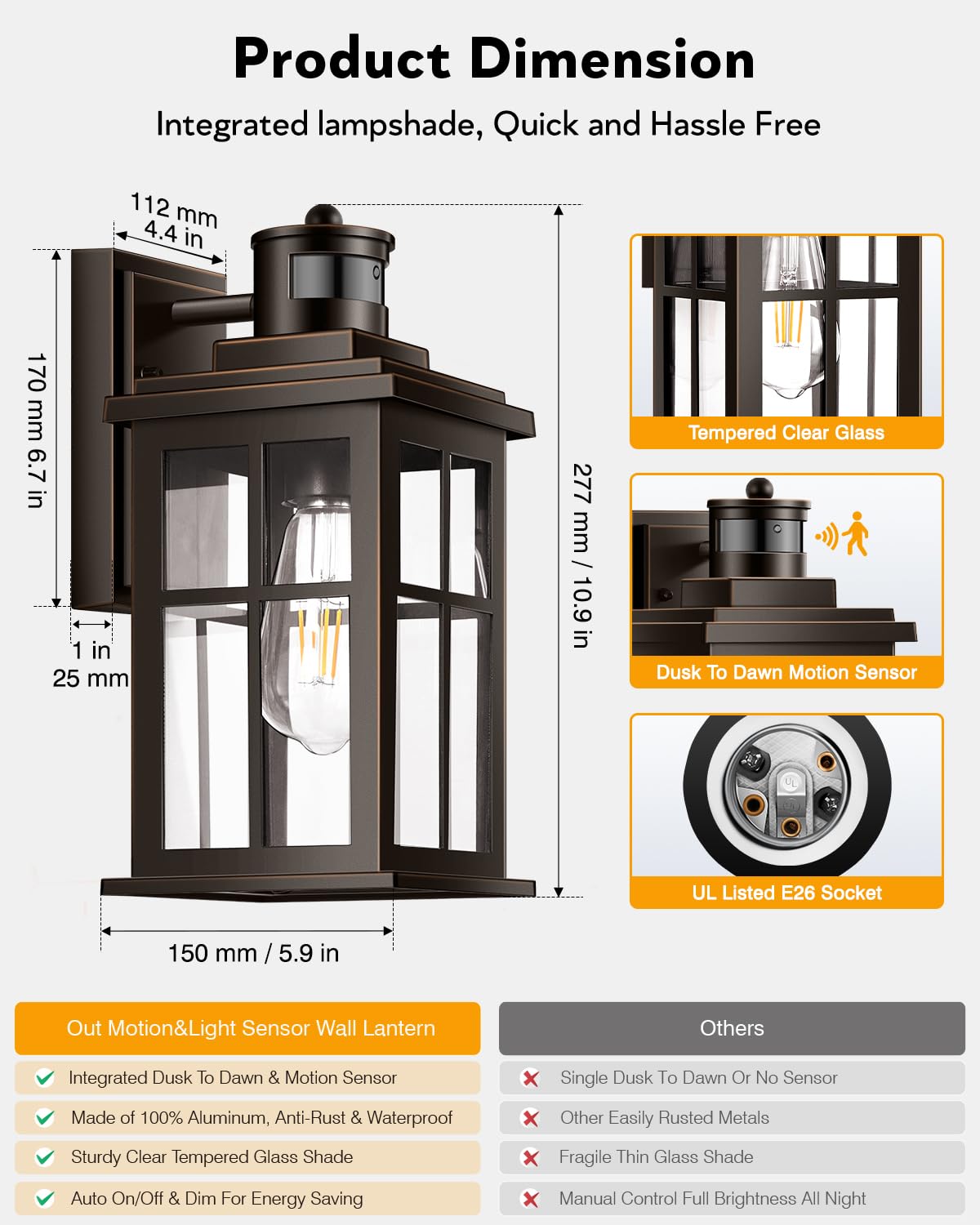 OPAXIS Motion Sensor Outdoor Light, Waterproof Aluminum Sconce, Oil Rubbed Bronze, Model P81491BRG, 1 Pack