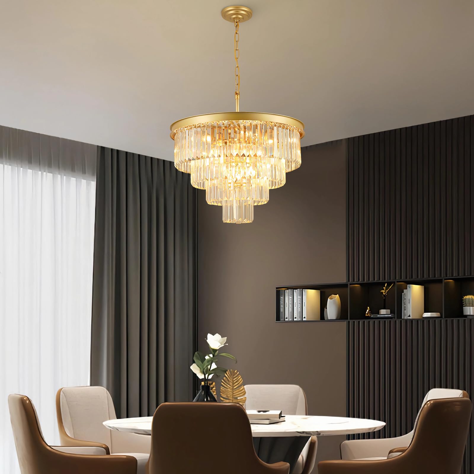 Crystal Chandeliers For Dining Room Lights Fixture Over Table  15 Lights Gold Modern Chandeliers For Living Room  4-Tier Round Crystal Lighting Fixtures For Bedroom Entryway Kitchen Island D24 Inch