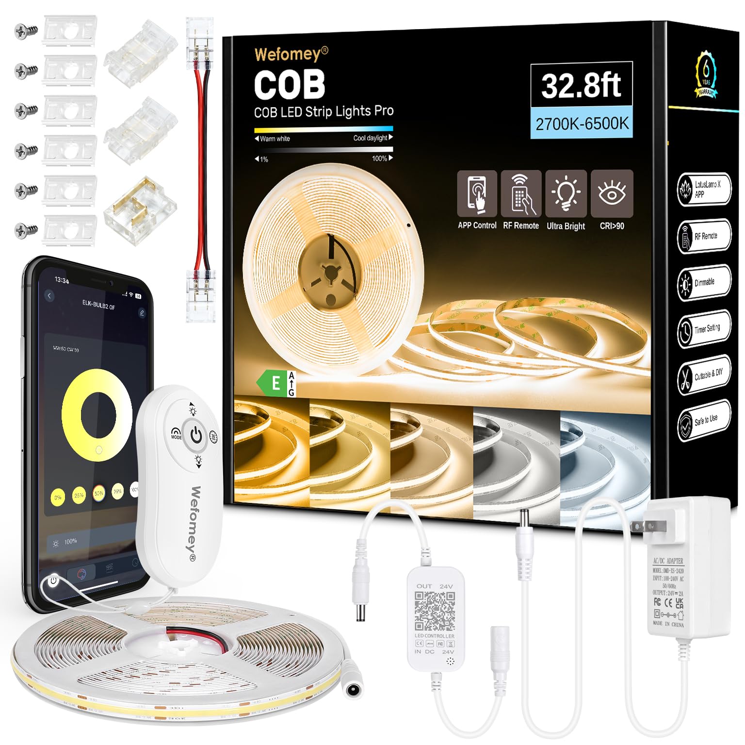 Wefomey COB LED Strip Light, Dimmable 2700K-6500K, 32.8ft, 6080 LEDs, Flexible Tape Light with Remote and APP Control