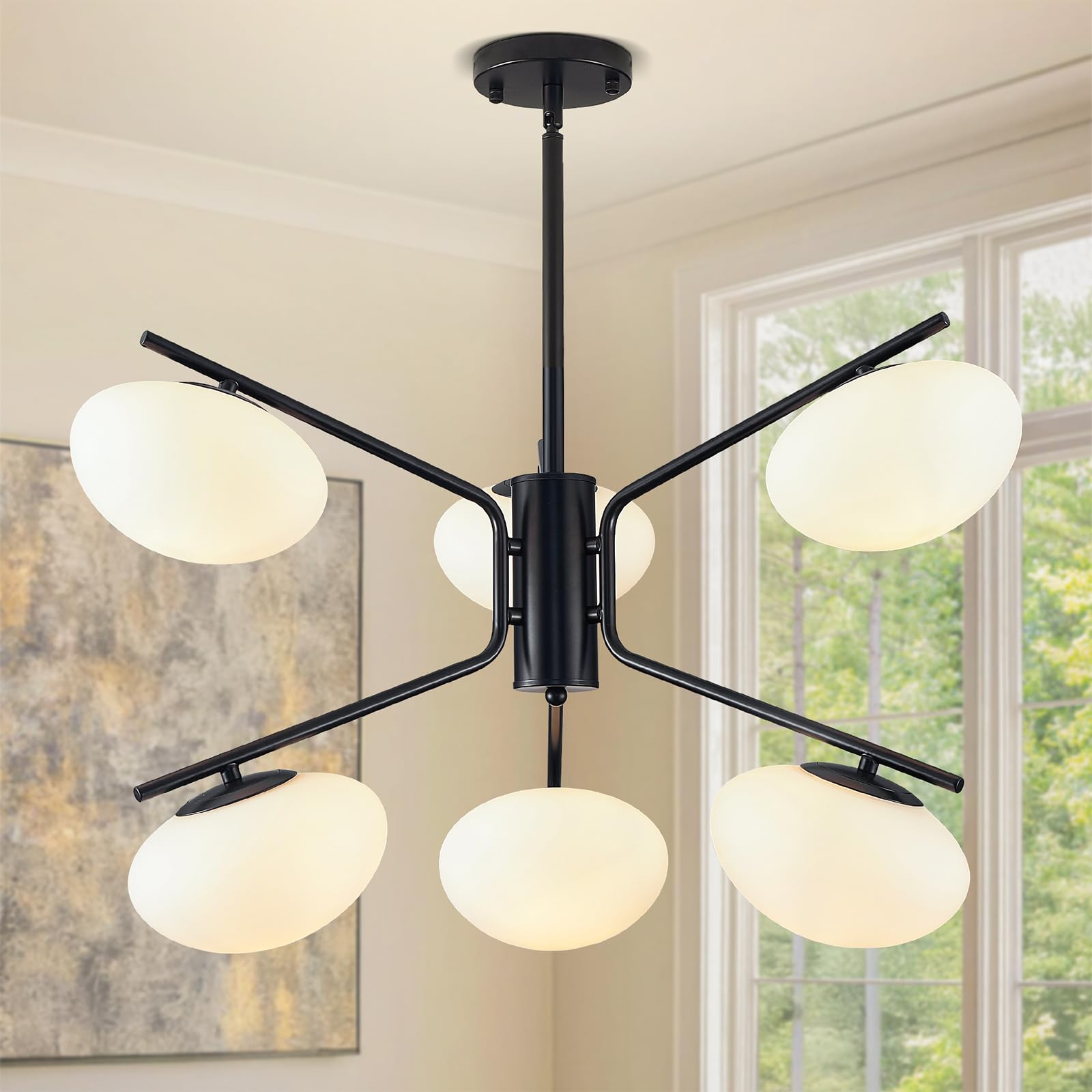 Black Sputnik Chandelier, 6-Light Modern Mid Century for Dining Room Light Fixtures Over Table, Hanging Ceiling Light Fixture wi