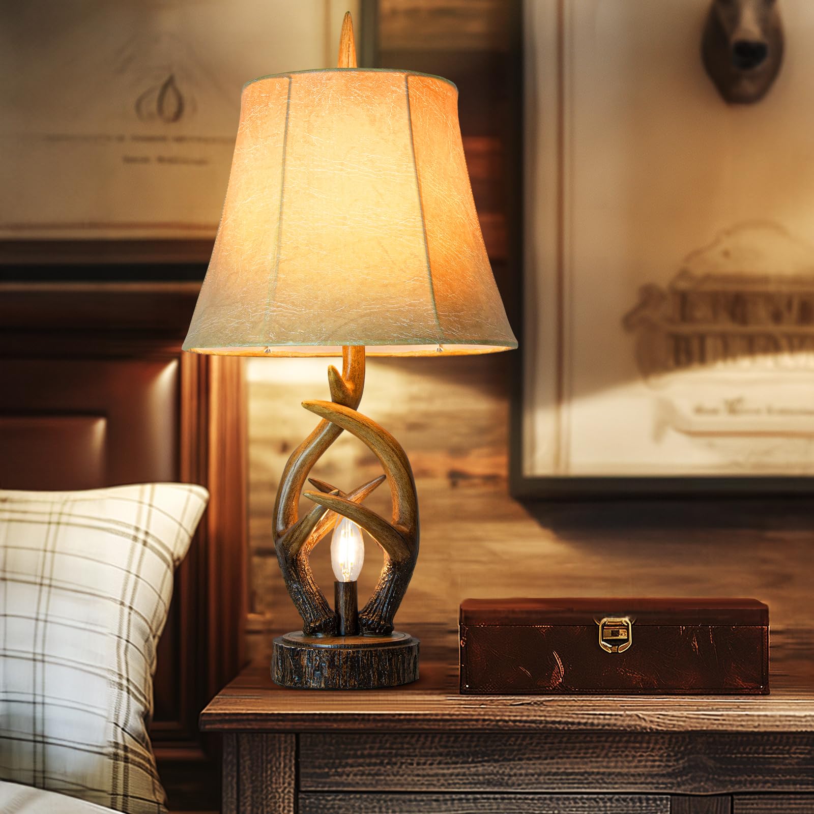 Scenekoy Rustic Farmhouse Antlers Bedside Table Lamp Set of 2, Brown Porcelain with Dual USB Ports, Model SL13
