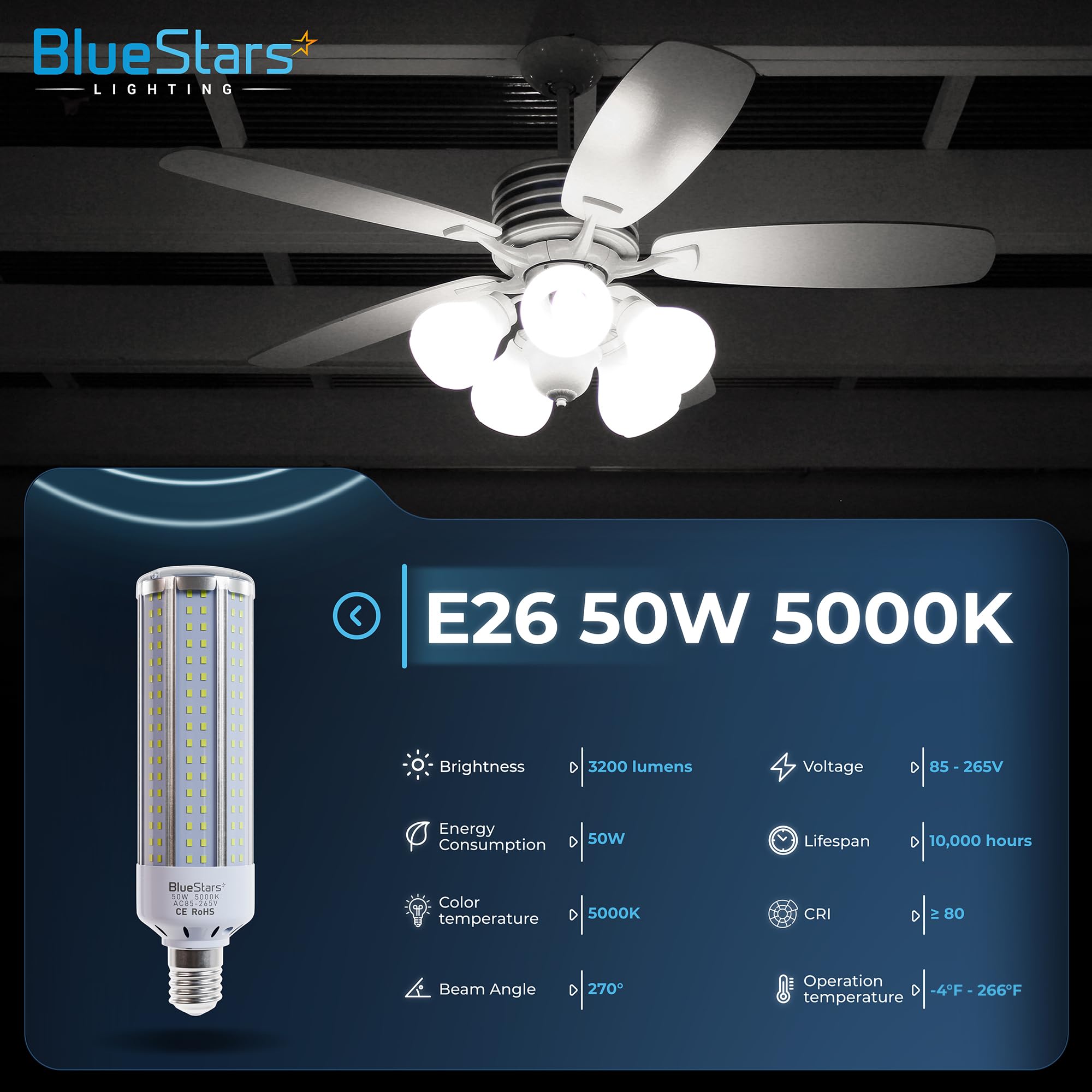 BlueStars 50W E26 LED Corn Light Bulbs, 5000K, 3200 Lumens, Clear, Super Bright for Home, Outdoors, Warehouses