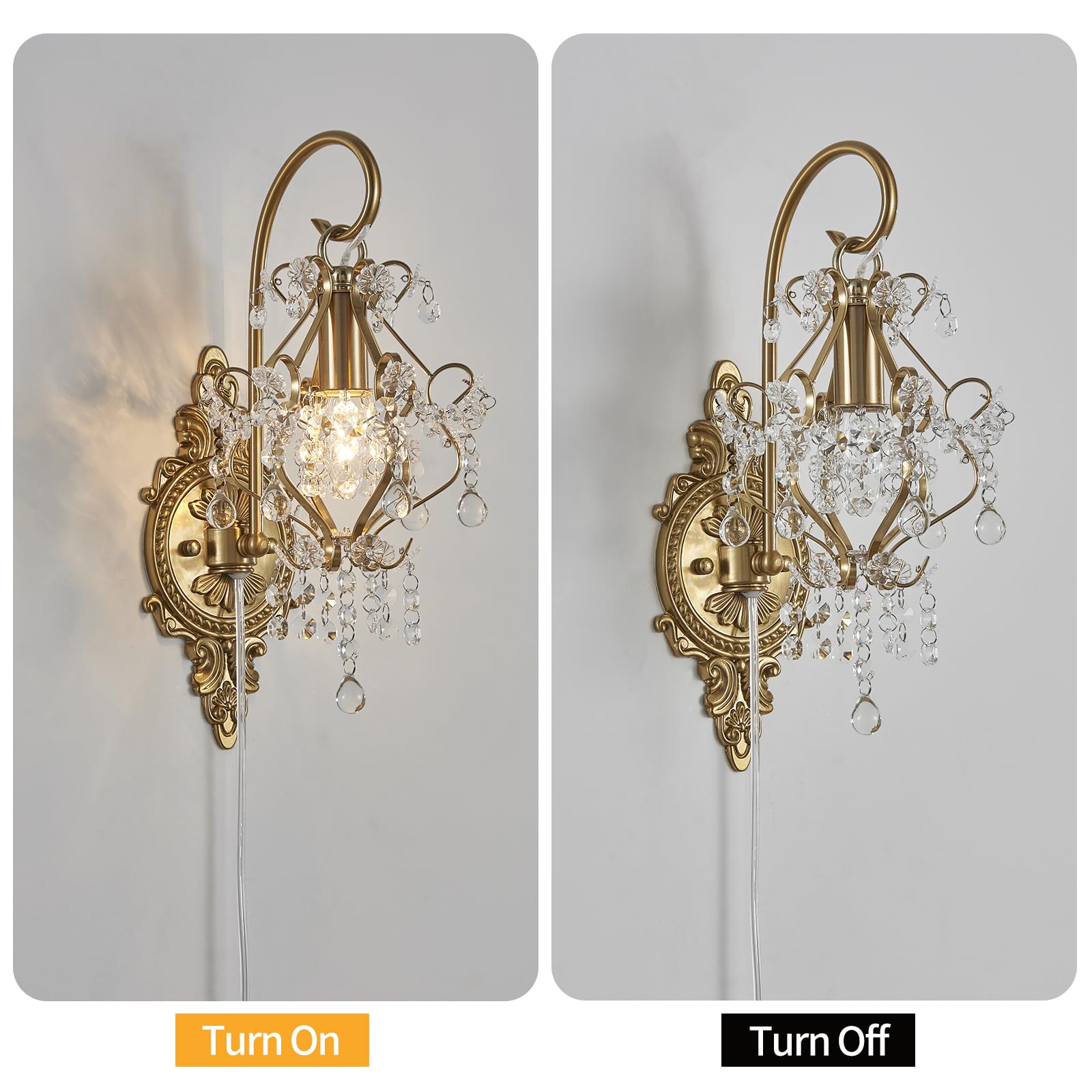 Fetason Gold Vintage Wall Sconces Set of 2, Modern Plug-in Light Fixture for Bedroom, Bathroom, Hallway - Model FT603, Iron Material