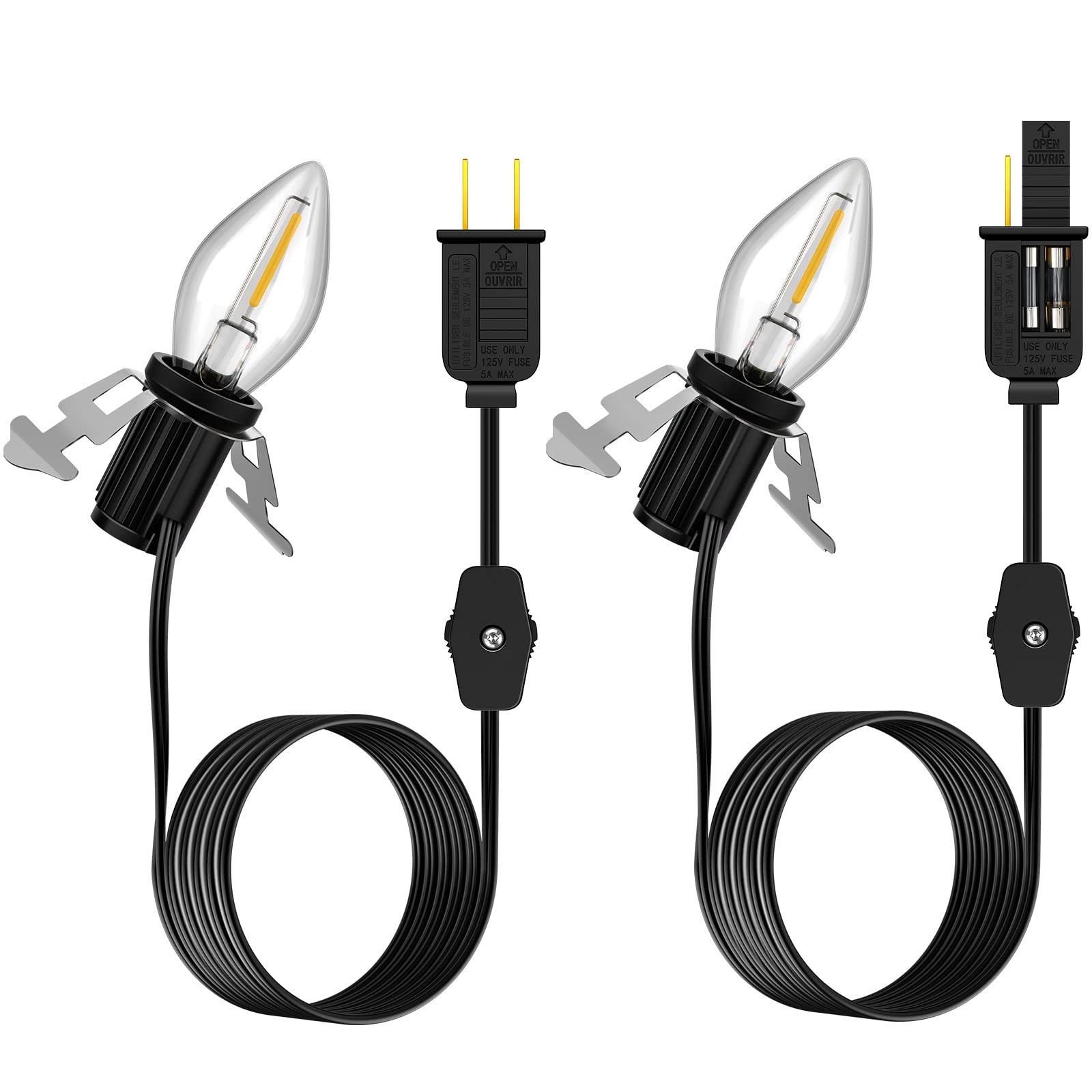 Enhon Accessory Cord with 1 LED Light Bulb, 6ft Blow Mold Light Cord with C7 Bulbs, Black Cord with On/Off Plug, Christmas Village Light for Holiday Indoor House Decoration Craft Projects(2 Pack)