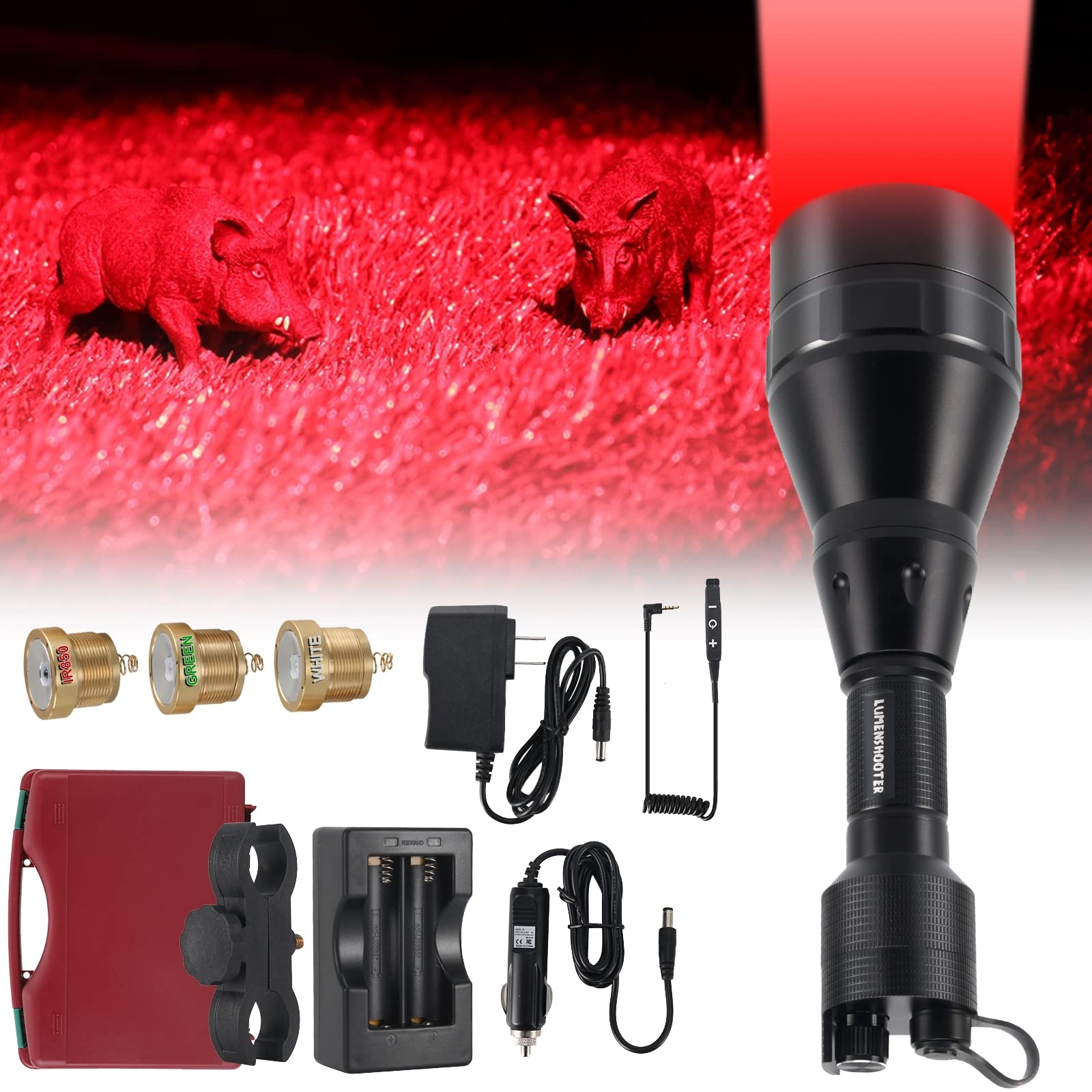 LUMENSHOOTER D8A 700 Yards Hunting Light Kit with Dimmable Green  Red  Infrared 850nm and White Intensity Control LEDs for Predator  Coyote  Varmint & Hog