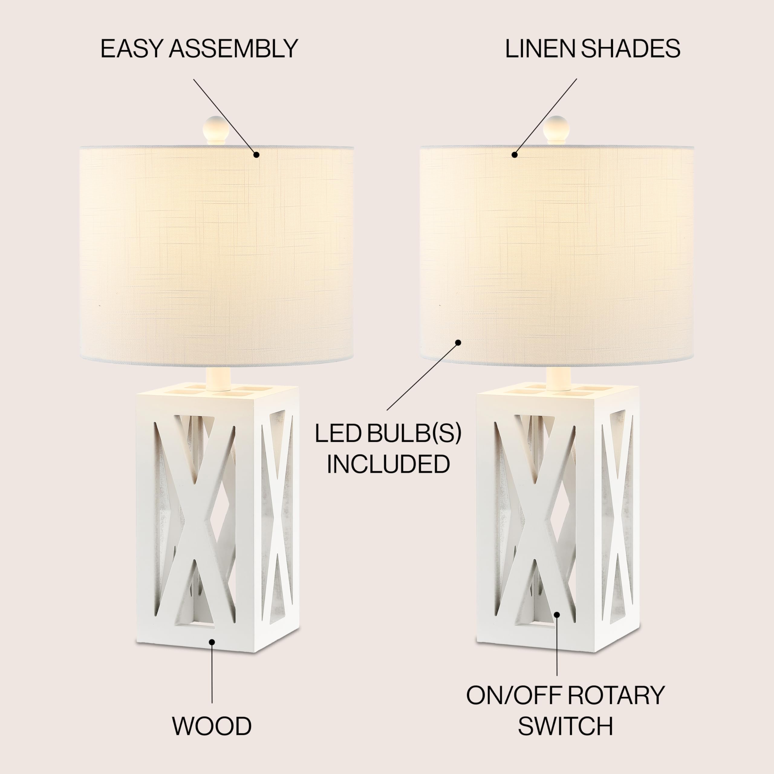 JONATHAN Y Wood LED Table Lamp Set of 2, 21.5in White, Rustic Farmhouse, Model JYL1062B-SET2