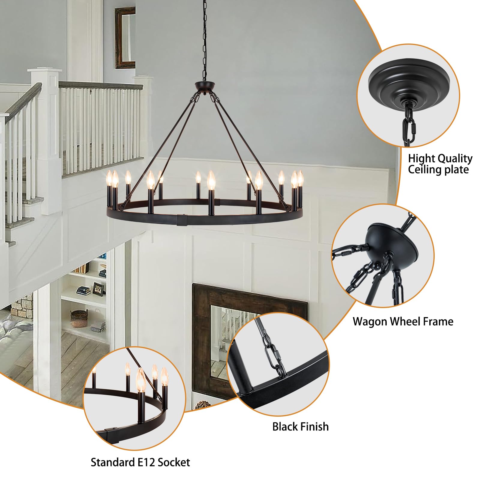 Rviezza Black Wagon Wheel Chandelier 38 Inch, 12-Light Black Round Industrial Farmhouse Chandeliers For High Ceilings Dining Roo