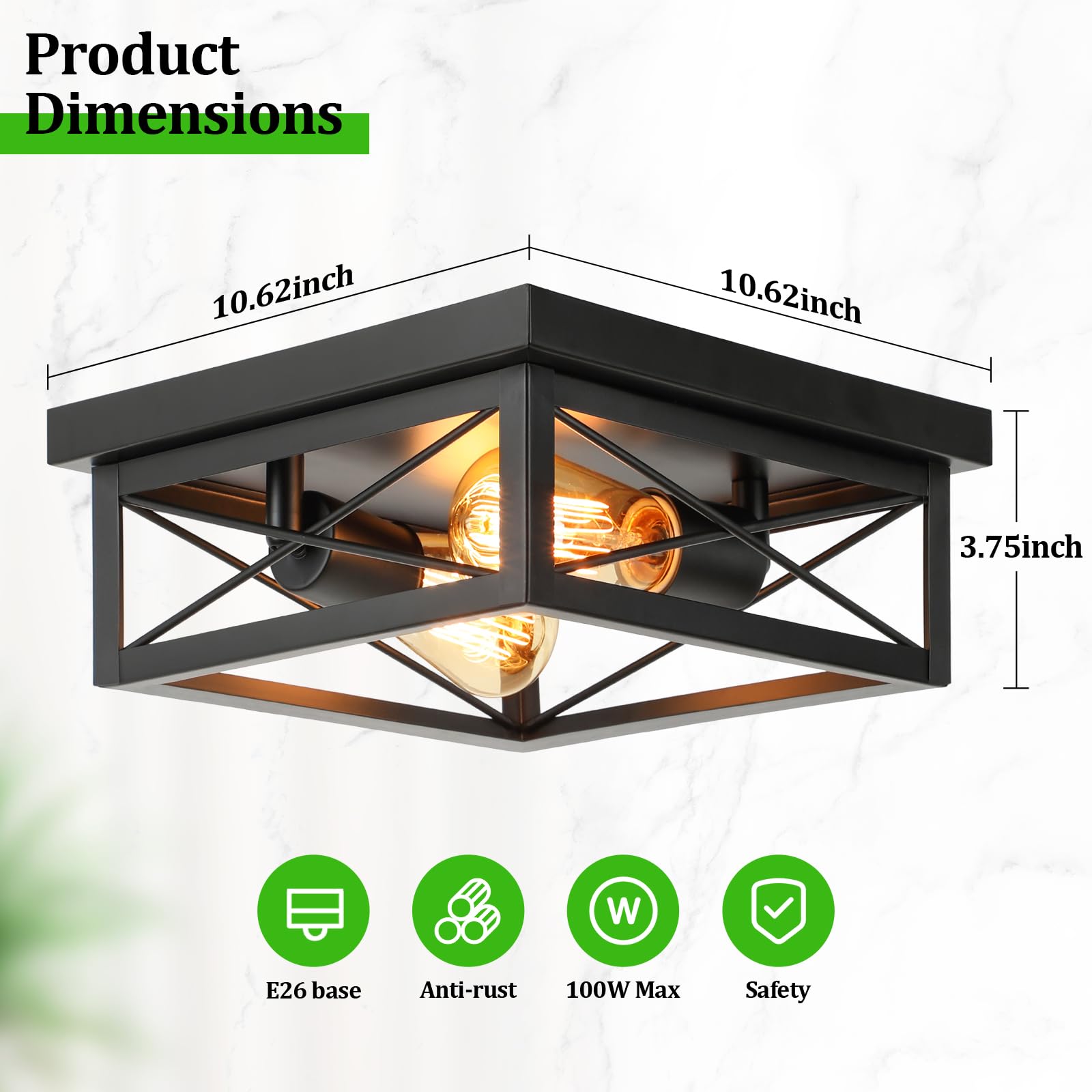 Kondras 2-Light Farmhouse Ceiling Light Fixture, Industrial Square Flush Mount Ceiling Light, Modern Black Metal Hallway Ceiling