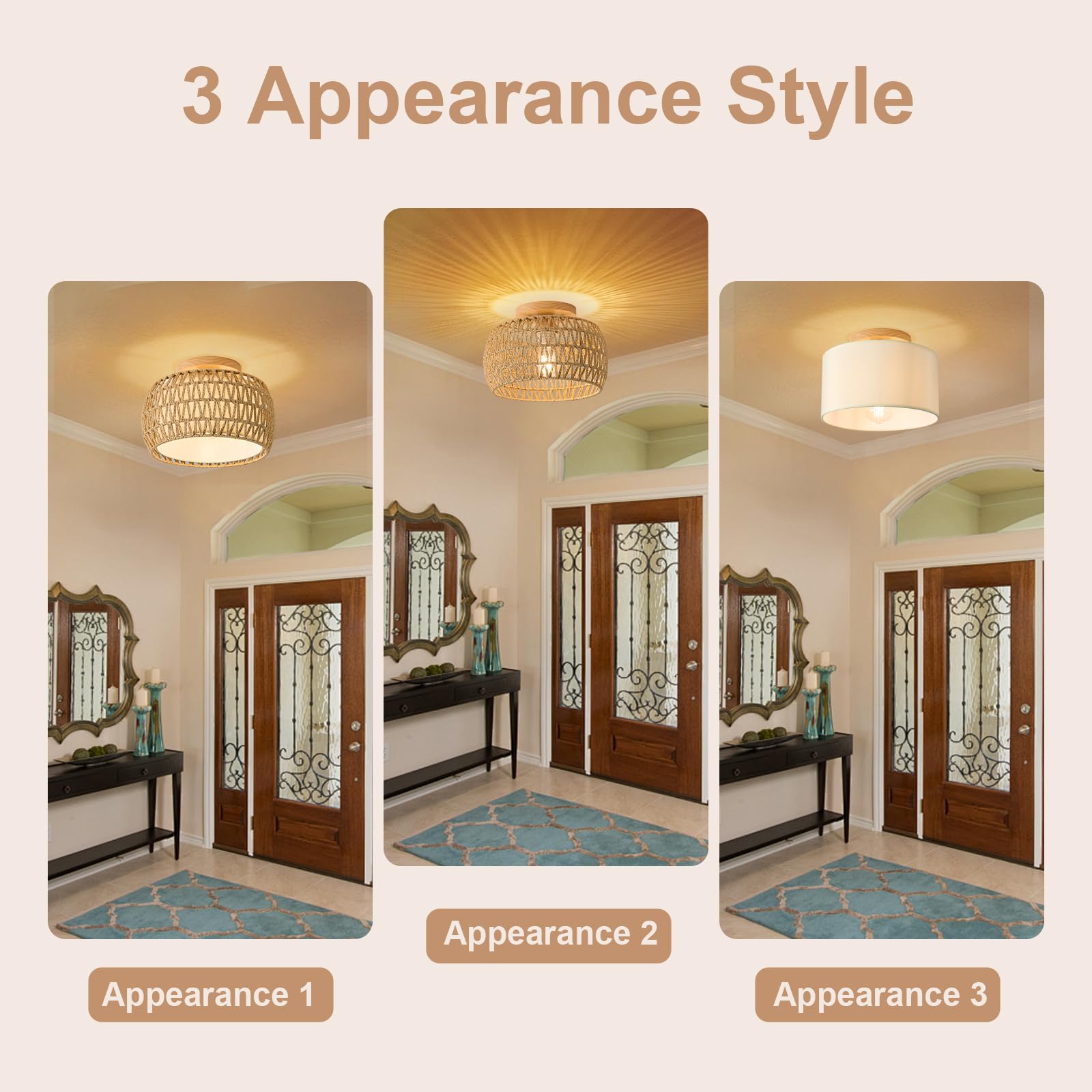 Alaislyc Boho Rattan Flush Mount Ceiling Light 12&quot; Rustic Wicker Fixture For Home Décor