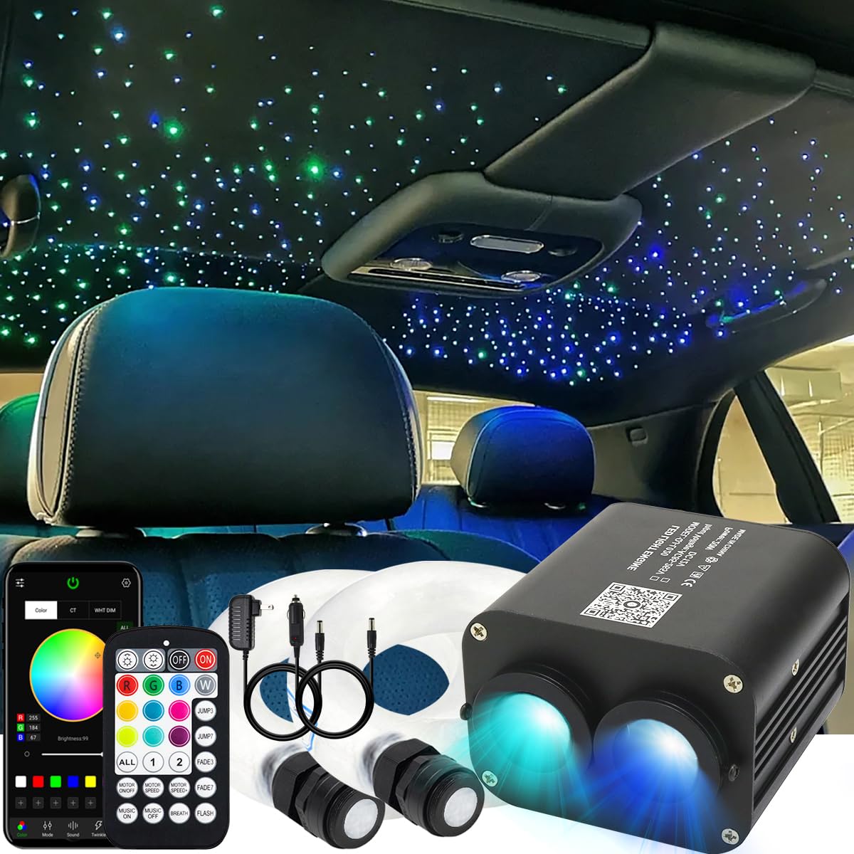 AZIMOM Dual Color Fiber Optic Starlight Headliner Kit 20W, 1200pcs, 0.03in x 13.1ft, Black, Model DUALCOLOR