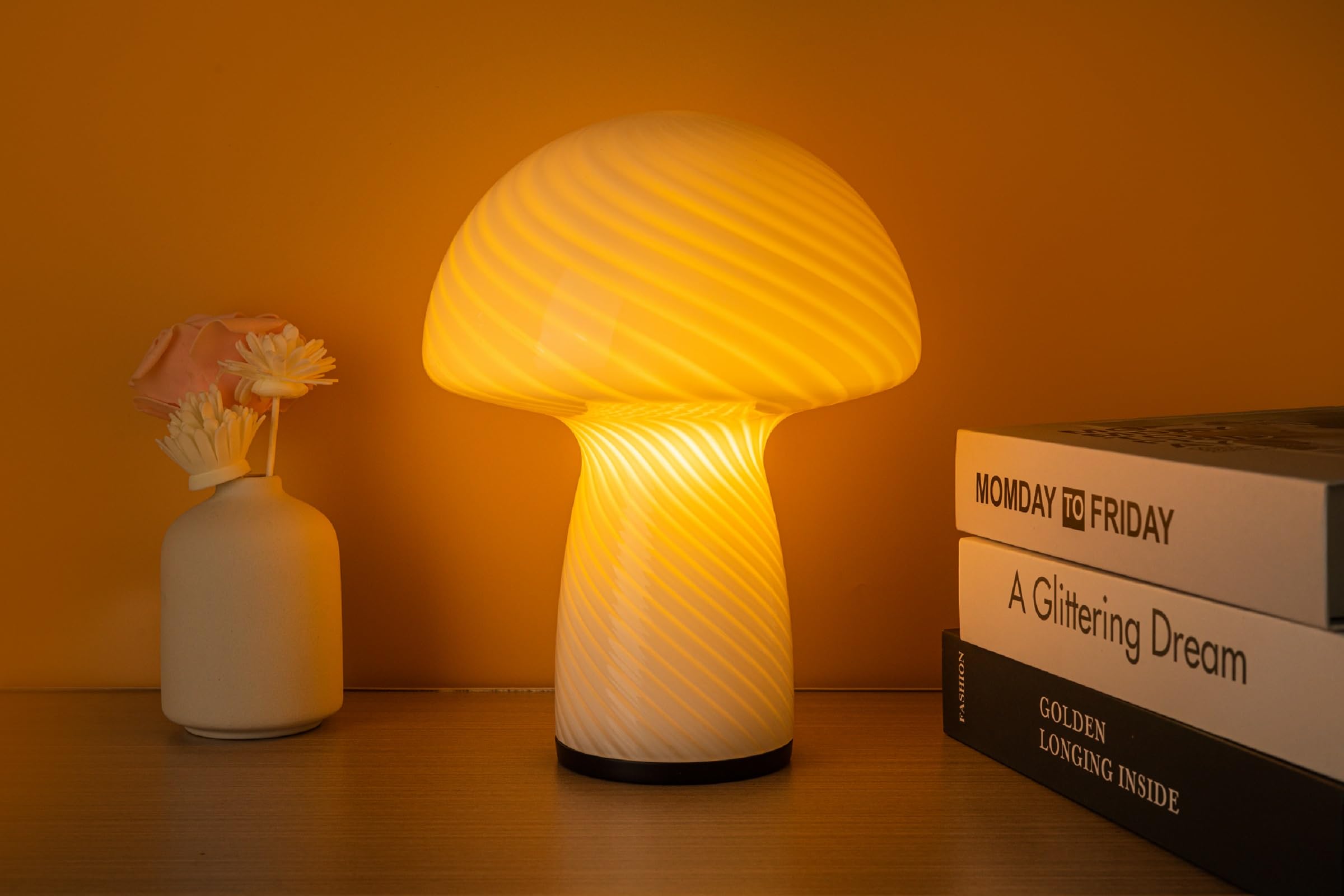 Notoc Dimmable Glass Mushroom Lamp - Vintage Stripe White Nightstand Light For Home Decor