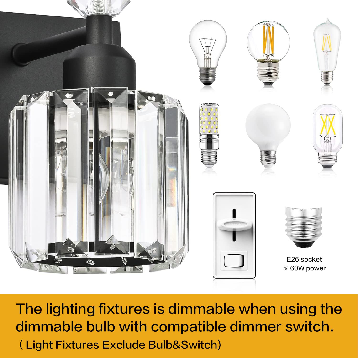 Presde 2-Light Modern Crystal Bathroom Vanity Light Fixture - Matte Black Metal Over Mirror Lighting
