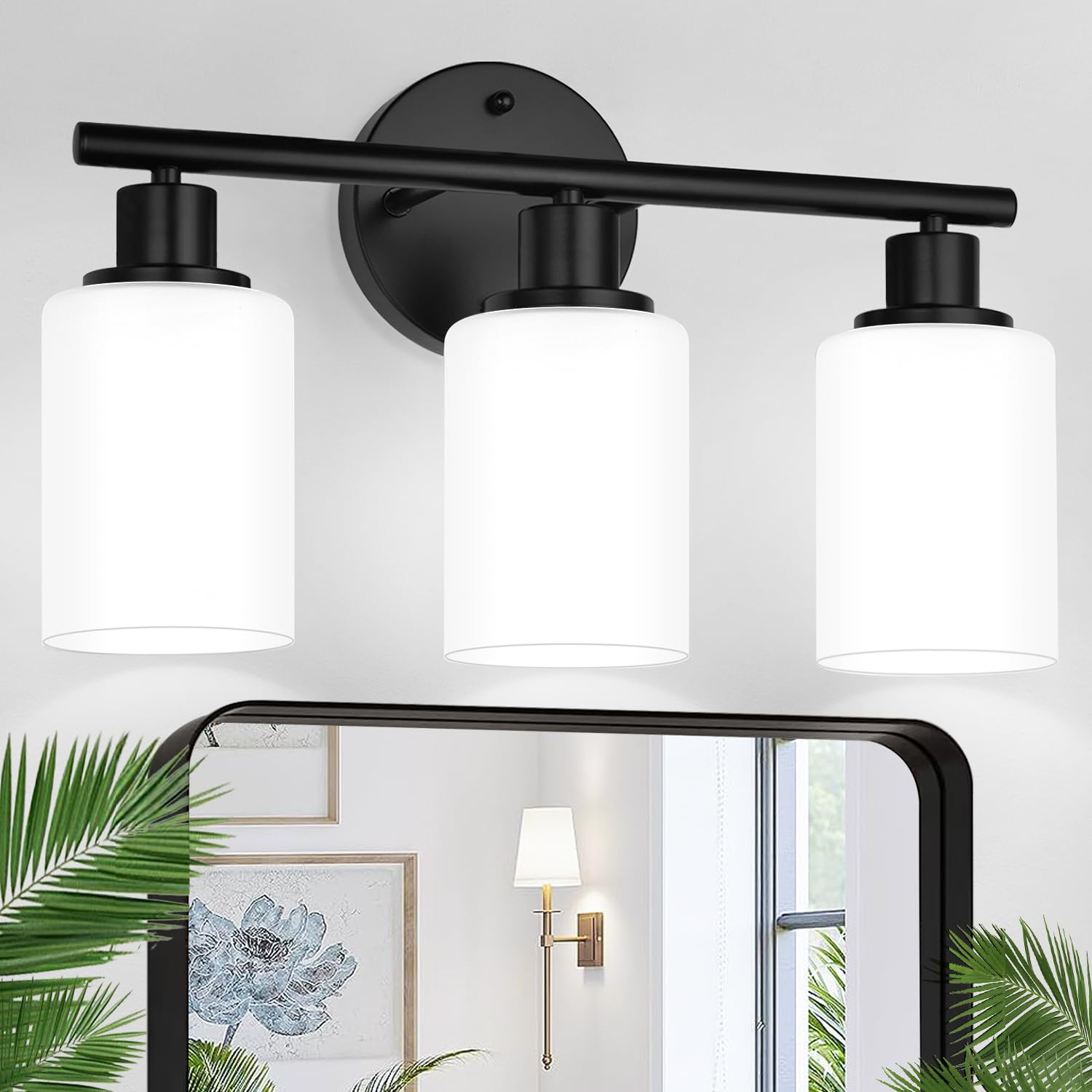 Zarbitta 3-Light Bathroom Light Fixtures, Black Modern Vanity Lights With Milky White Frosted Glass Shades, Bathroom Wall Lamp F