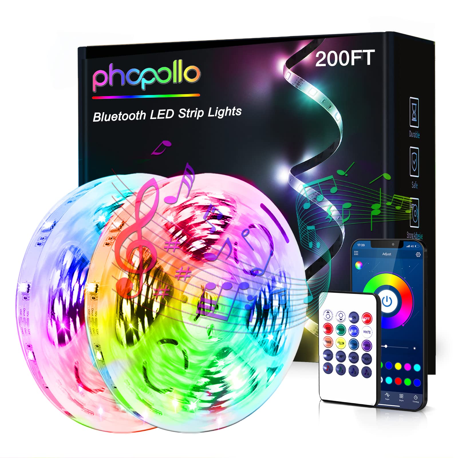 phopollo Bluetooth LED Strip Lights 200ft, 5050 Color Changing, Multicolor, App Control, Music Sync, Model P24RGBLSL0230