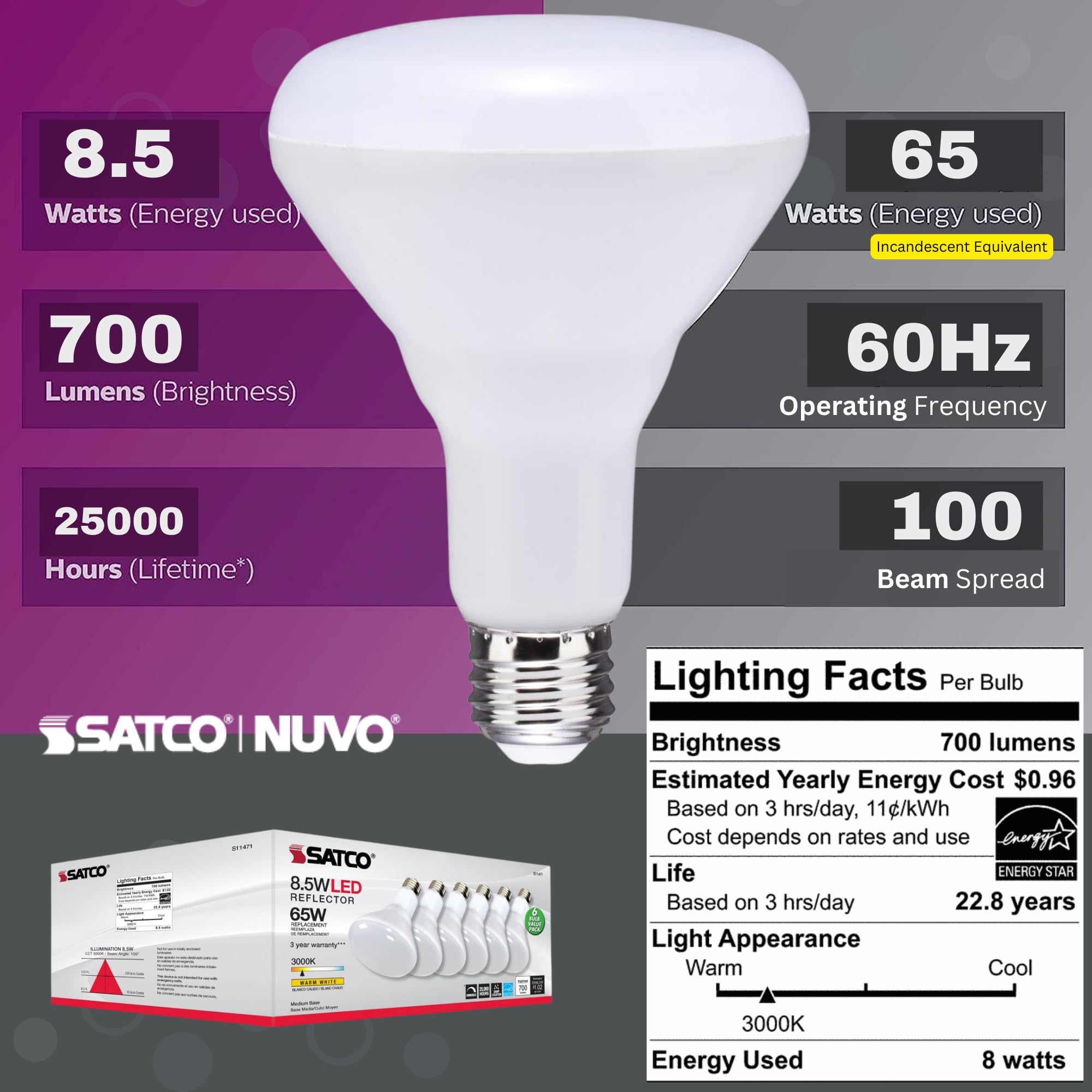 Satco S11471 8.5 Watt; Br30 Led Light Bulbs - 3000K (12 Led Light Bulbs)