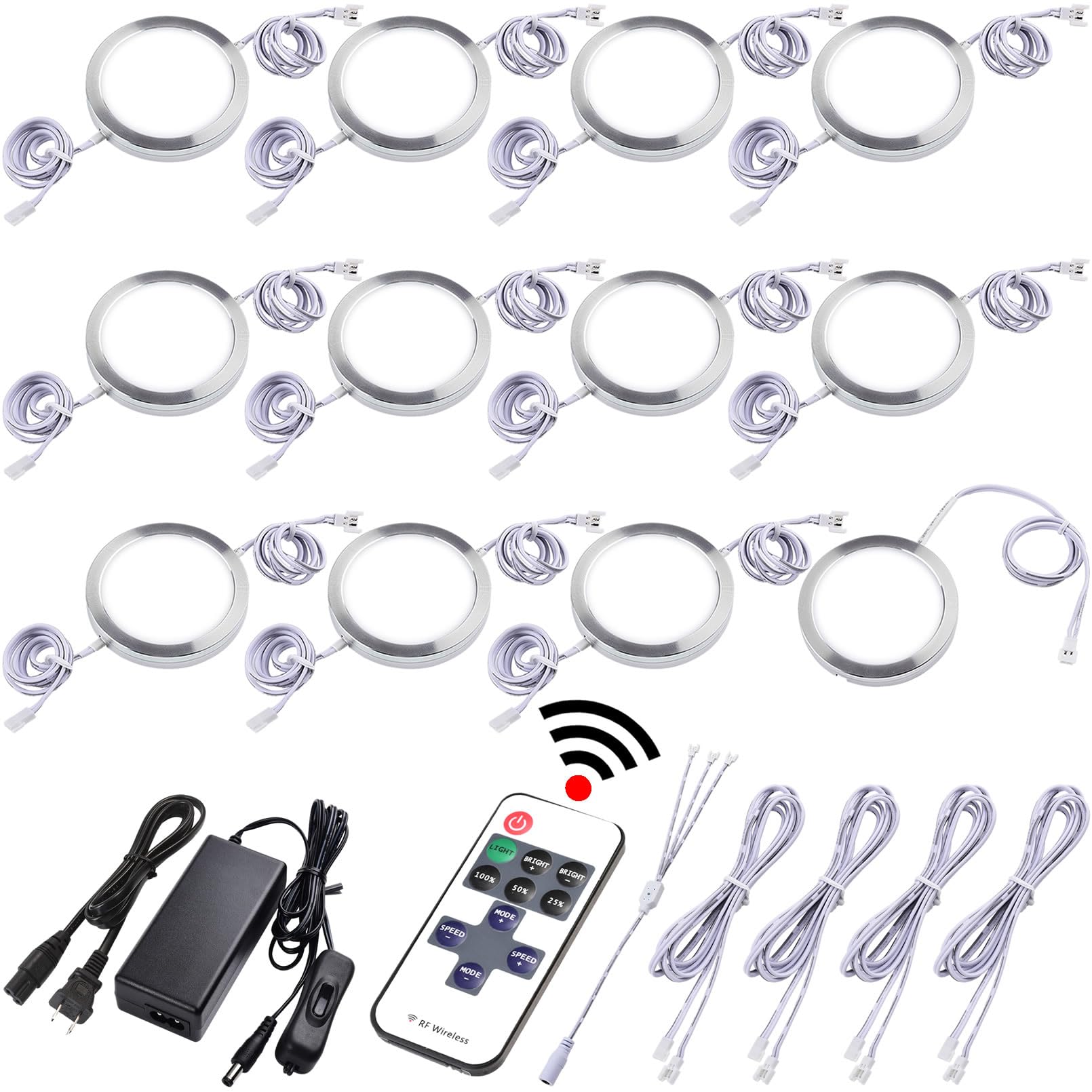 Lvyinyin Small LED Puck Lights for Uplight or Downlight, 120V Hardwired & Plug in Cabinet Lights Kit, Wireless RF Remote Control Dimmable, Daisy Chained Linkable, White Wires, Daylight, 12 Lights