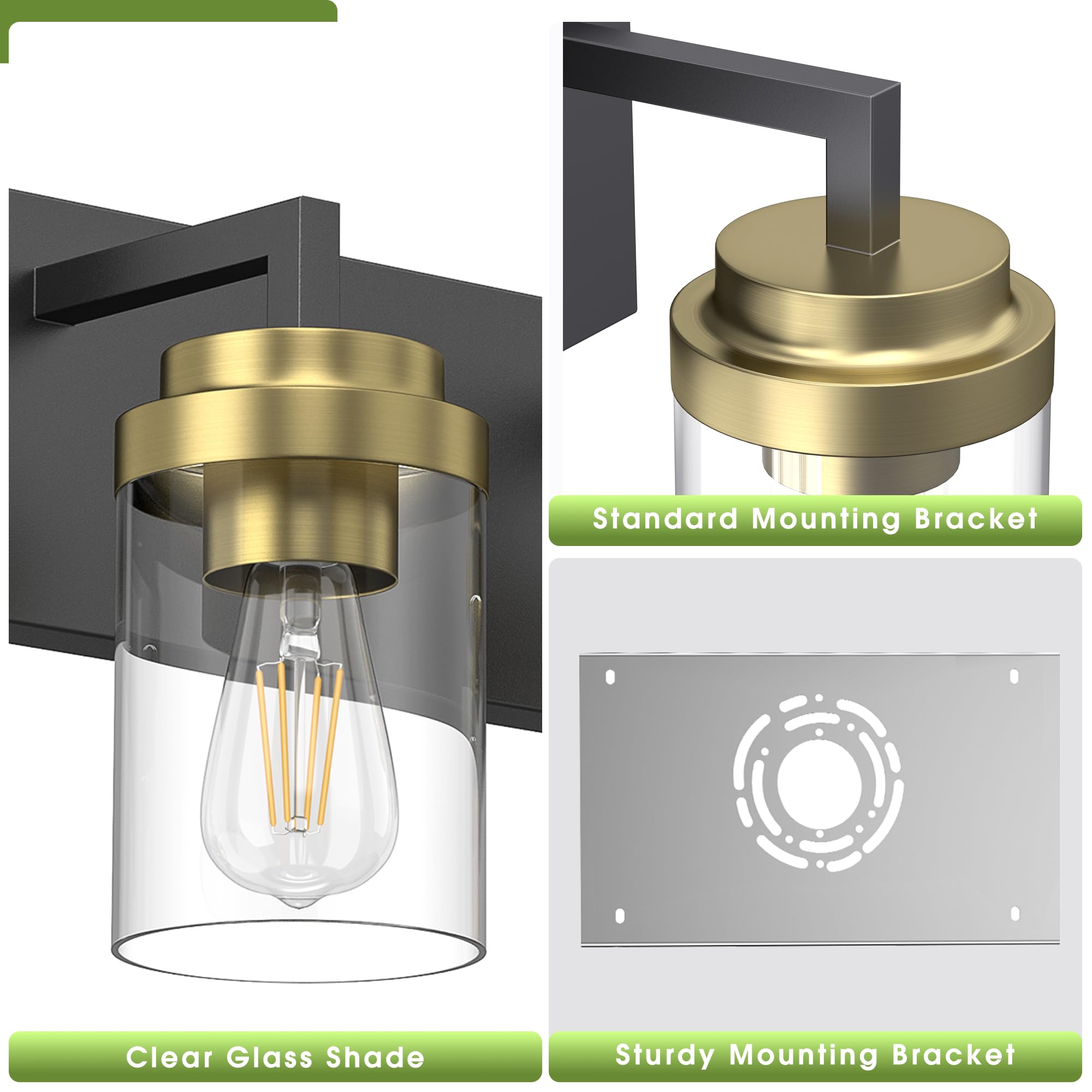 Espird 3-Light Bathroom Vanity Lights, Modern Black Gold Metal Fixtures with Glass Shade, Model L08-3-HJ