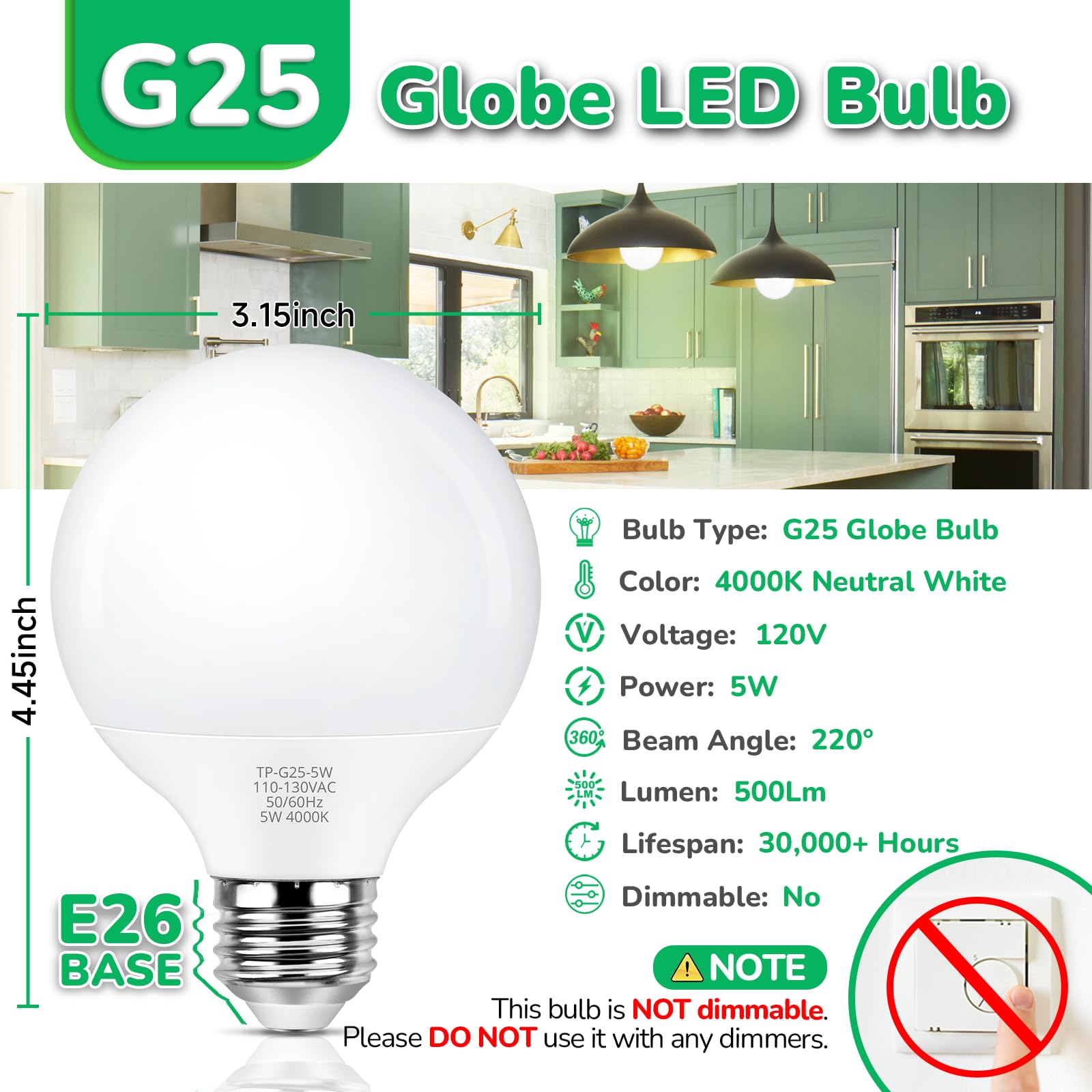 MAXvolador G25 LED Globe Bulbs, 60W Equivalent, Neutral White 4000K, Non-Dimmable 500LM, 8-Pack for Bathroom Vanity & Makeup Mirror