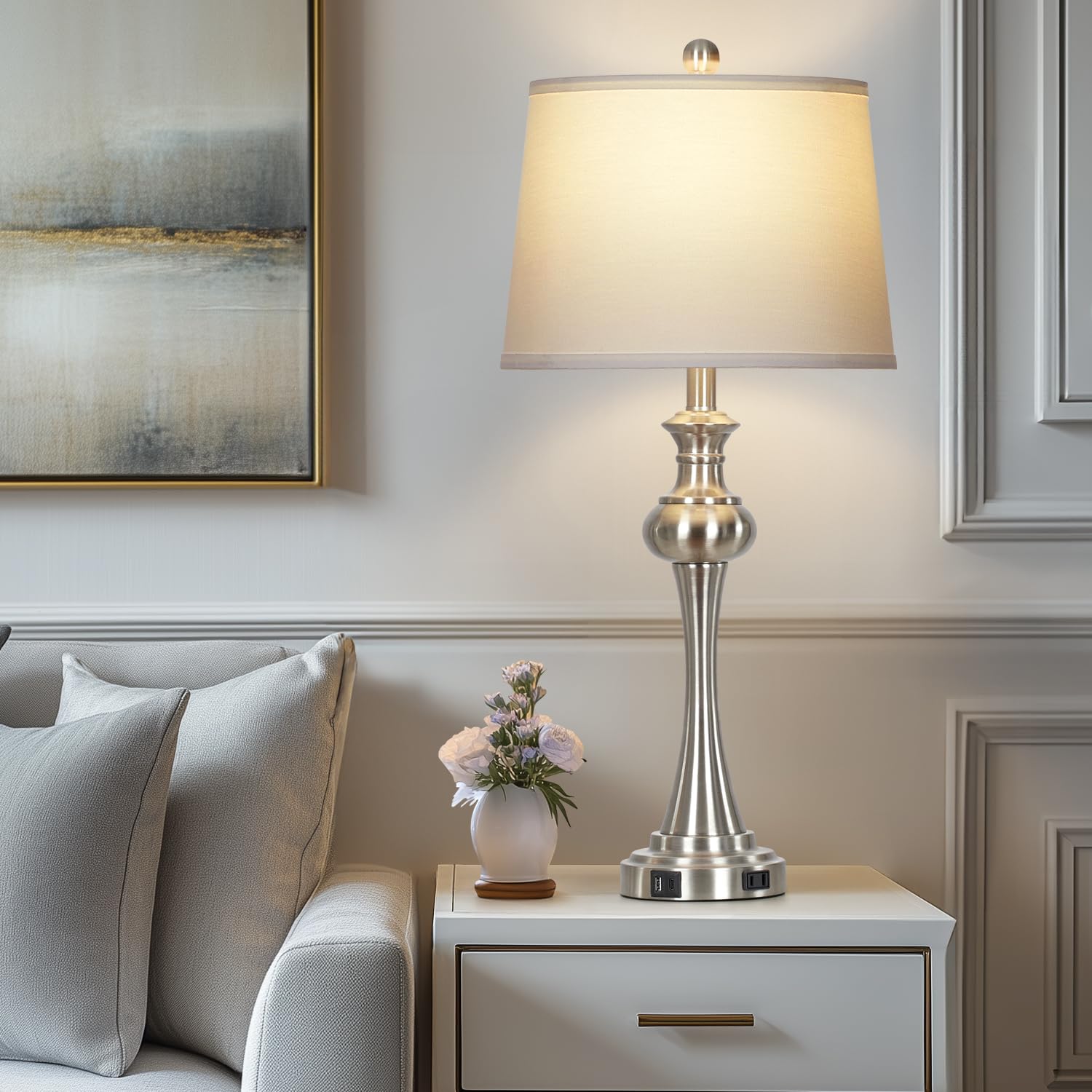 Cinyirong 28.75'' Silver Table Lamps For Living Room,Touch Lamps For Bedrooms Set Of 2 - Nightstand Table Lamp With Usb C+A, 3 W