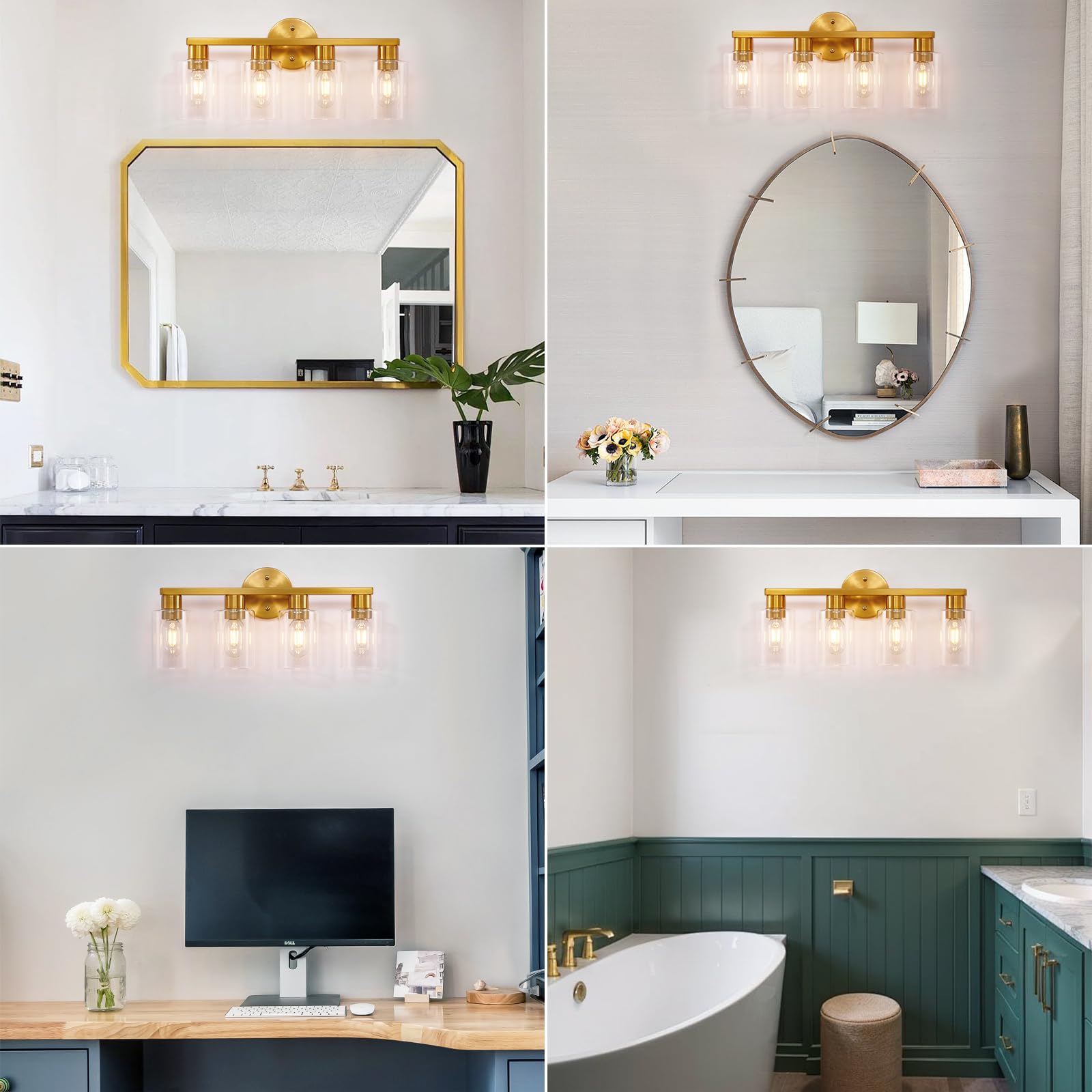 Hdasic 4 Light Gold Bathroom Vanity Light  Brushed Brass Bathroom Light Fixtures With Clear Glass Shade  Modern Wall Lamp Sconce Lighting For Bath Mirror Bedroom Living Room Hallway Porch