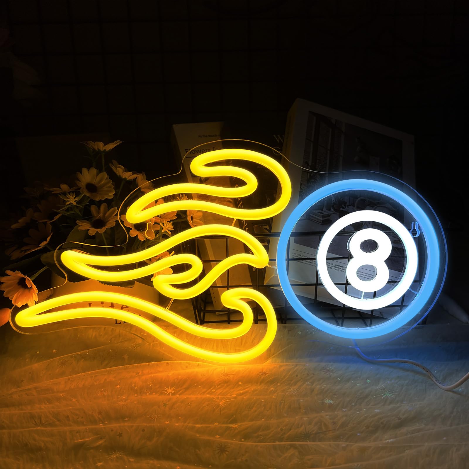 Billiards Neon Sign for Wall Decor, Dimmable Black 8 LED Light Sign, USB Powered Sign for Gameroom Party Man Cave Beer Bar, Gift Decoration 15.75”×8.27”