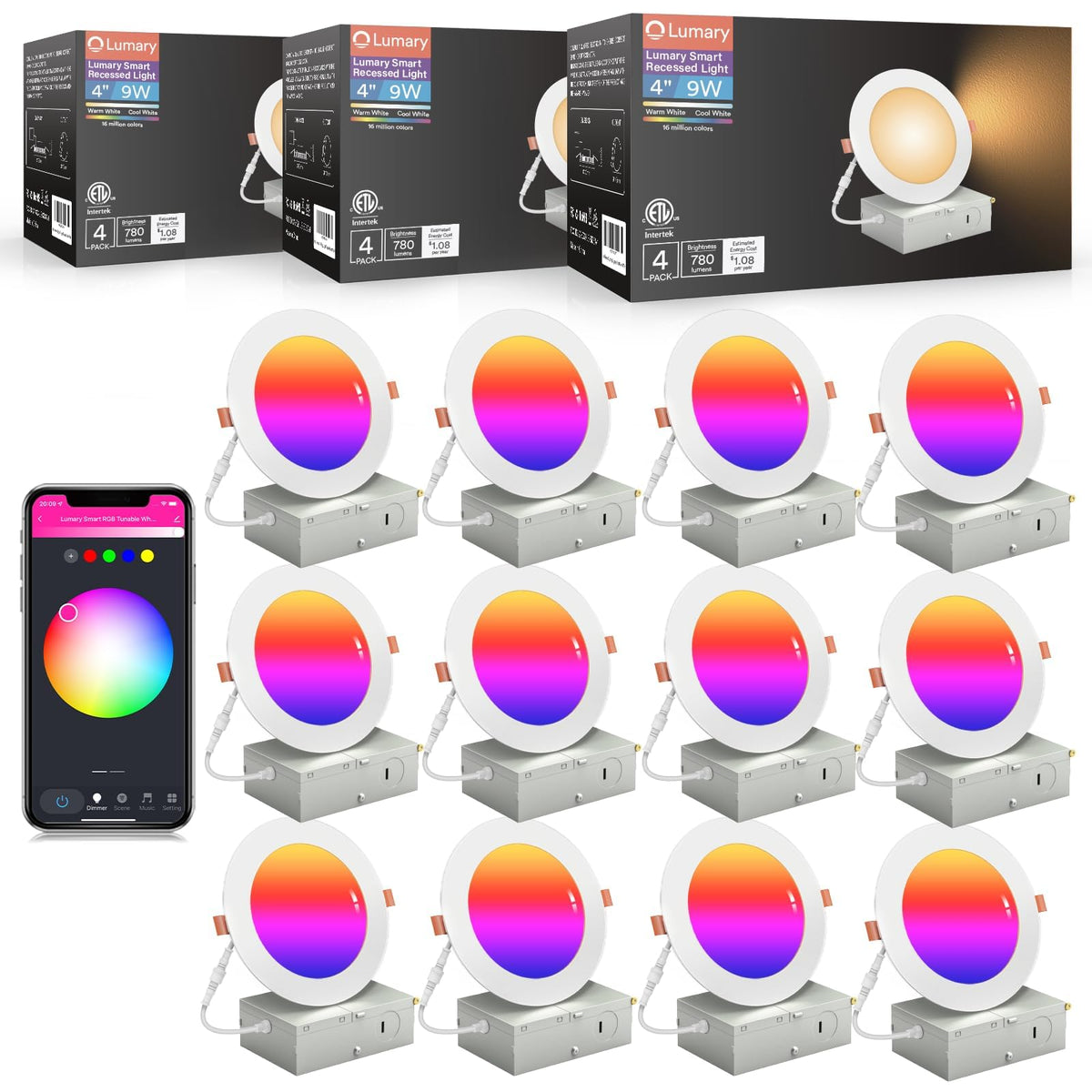 Luminous 4 Inch Led Lumary 4 Inch Ultra-Thin Smart Recessed Lighting, 9W 780LM RGBWW Smart ...