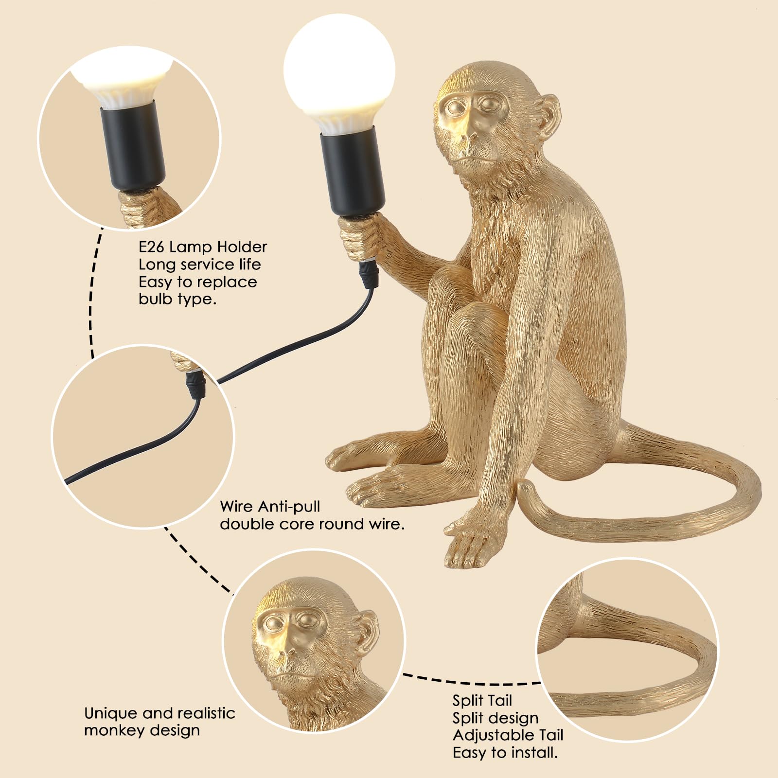 CHABEI Modern Resin Monkey Table Lamp, LED Bedside Light for Home Decor, Living Room, Bedroom, Gold, Model TABLE MONKEY