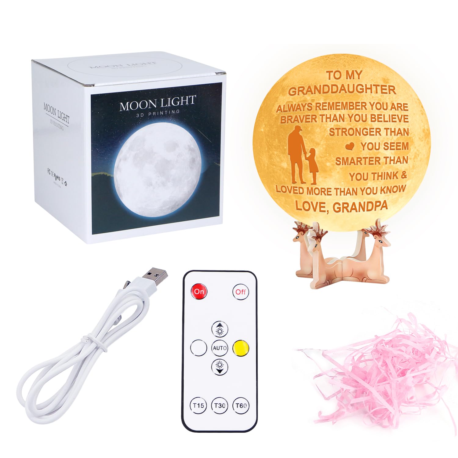 K Kenon Personalized 3D Moon Lamp For Granddaughter, Personalized 5.9 Inch 3D Printing Moon Light Gift For Granddaughter Valentine'S Christmas Gift (For Granddaughter From Grandpa)