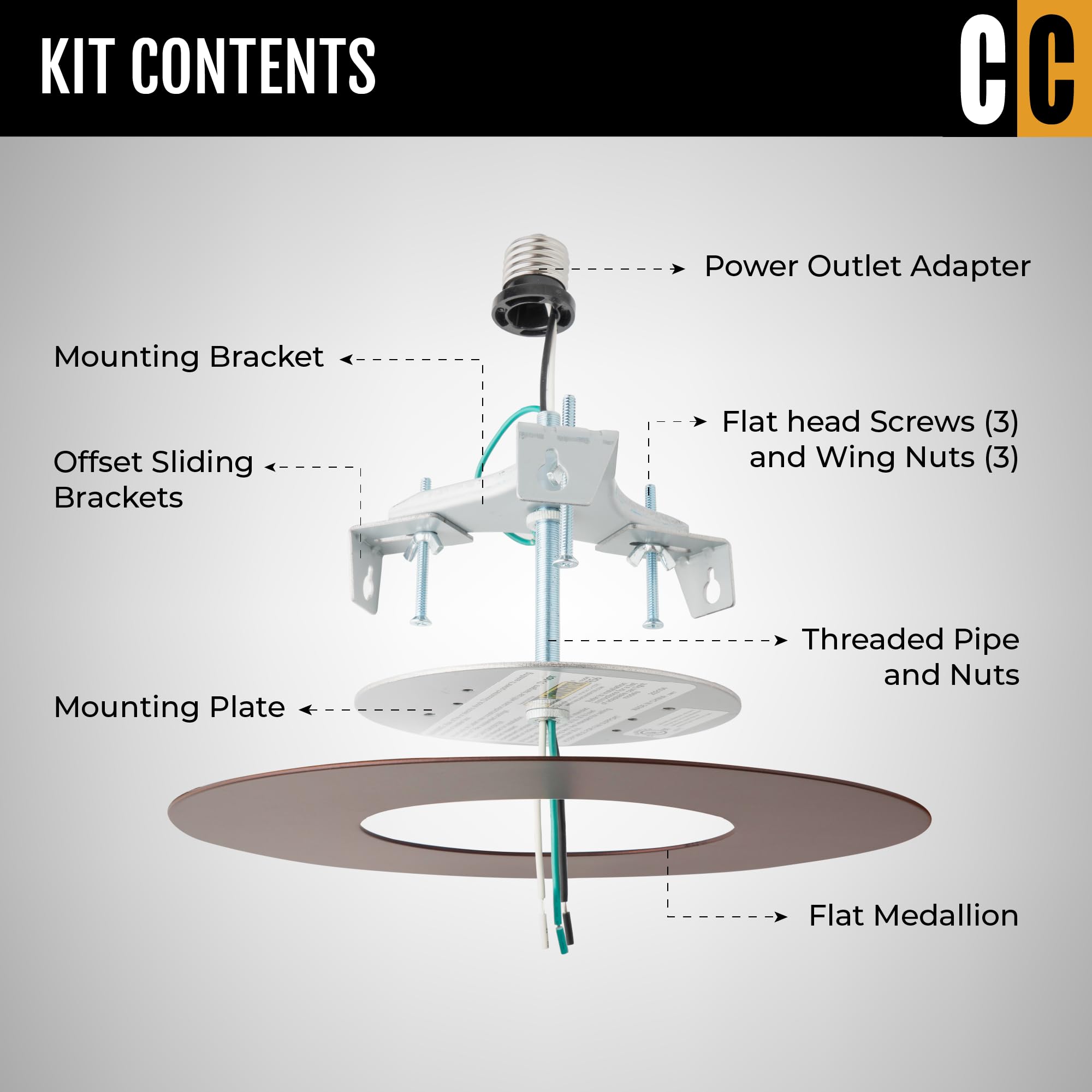 The Can Converter - R56, Recessed Can Light Conversion Kit, For Ceiling Light Fixture, Pendant Light, Hanging Light, Ceiling Fan, With 7’¾ Inch Flat, Steel, Ceiling Medallion, Oil-Rubbed Bronze