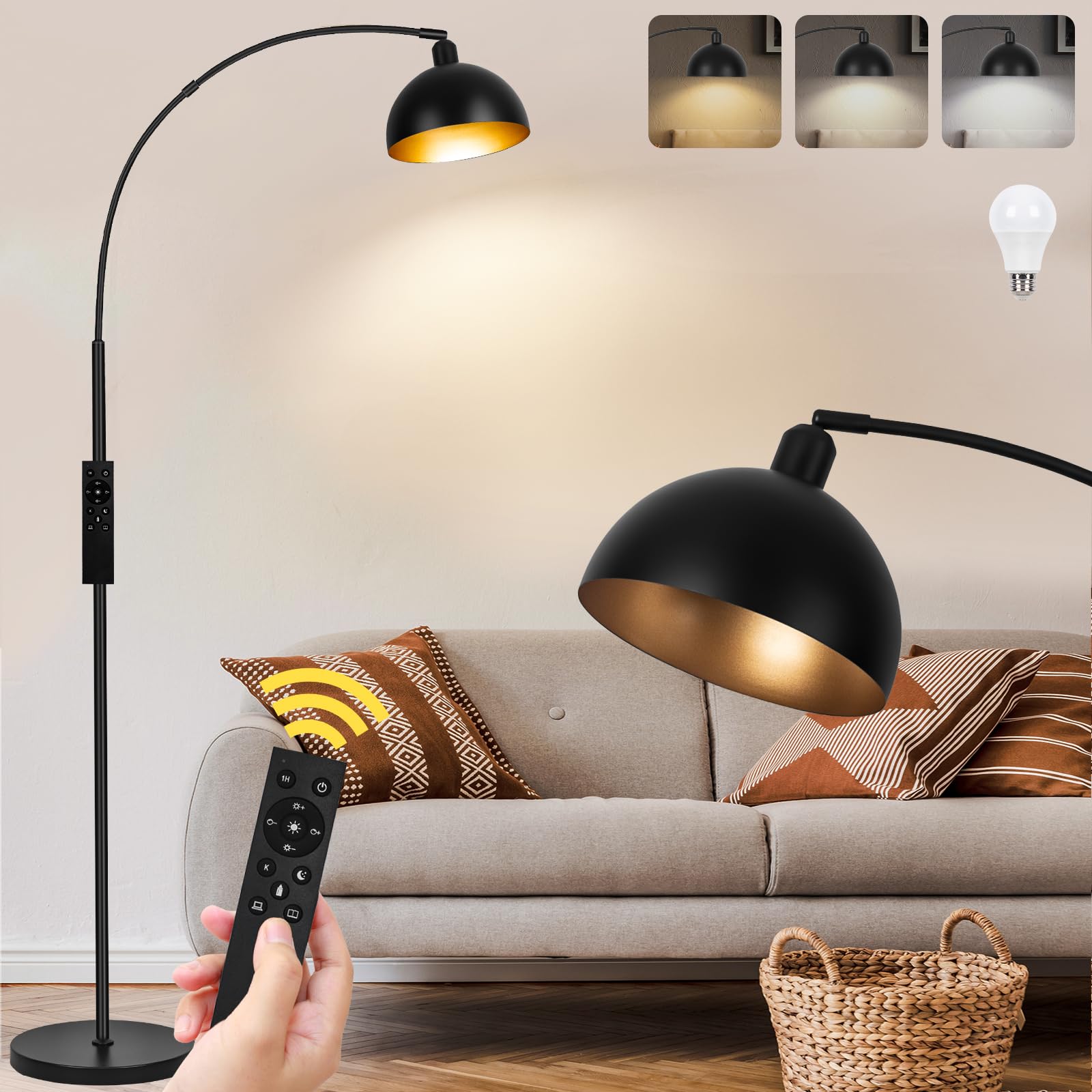 ?Upgraded?Black Arc Floor Lamps For Living Room - Dimmable Arched Floor Lamp With Remote Control & 2700-6000K 9W Led Bulb Includ