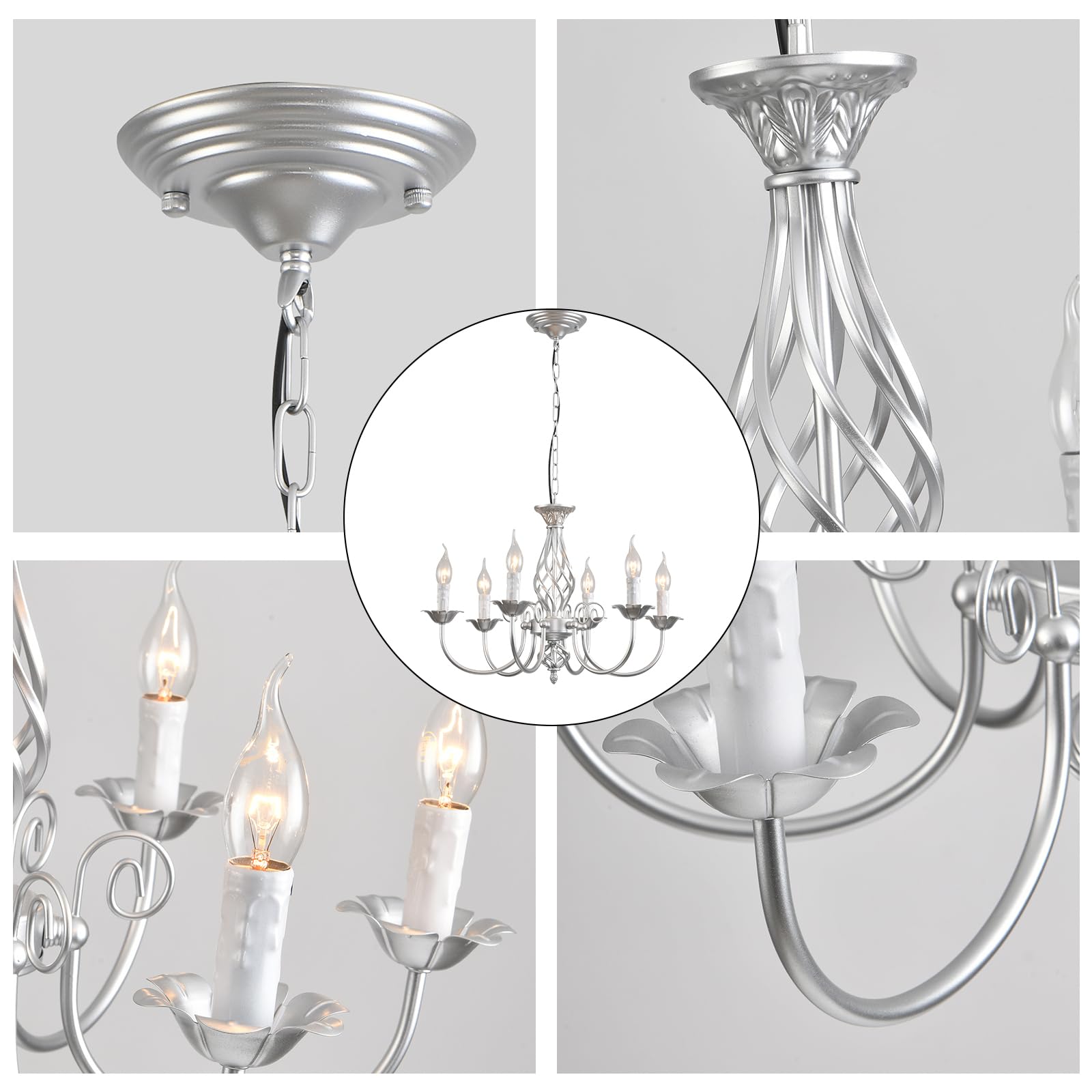 Jaycomey Sliver Farmhouse Candle Chandelier, 6-Light Rustic Industrial Pendant Ceiling Light Fixture, Ceiling Hanging Lamp For H