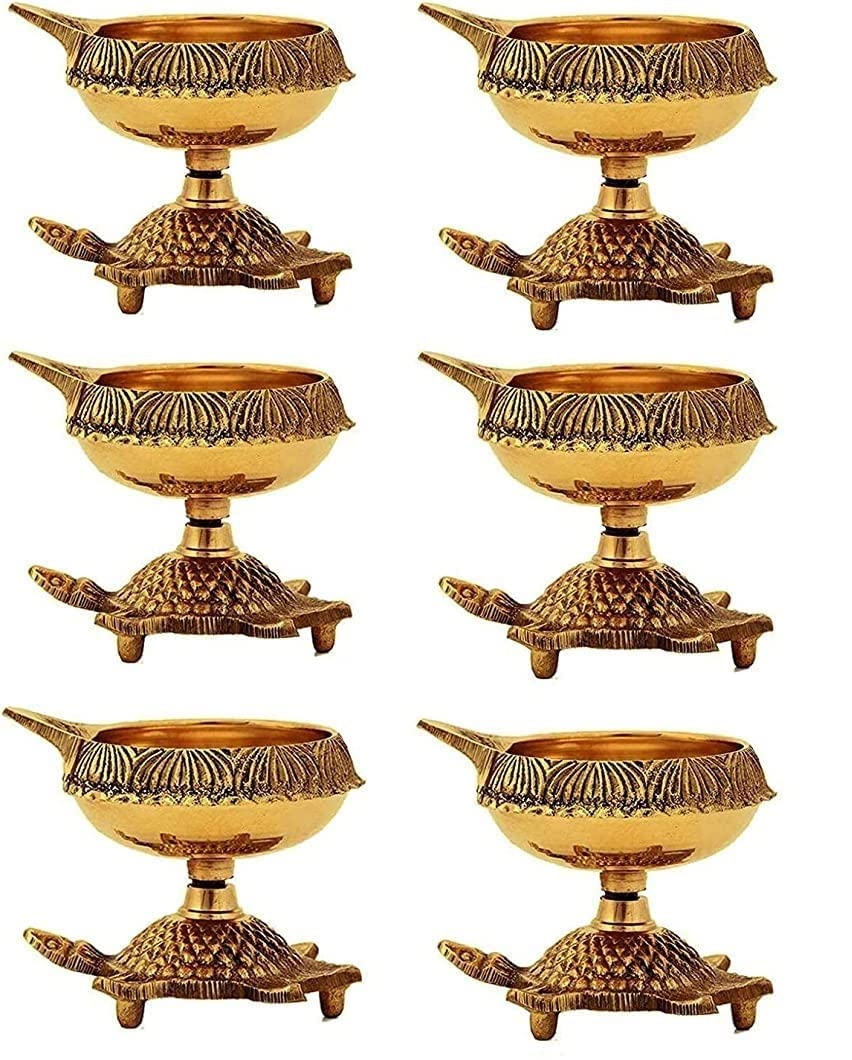 SATVIK 6 Pc Brass Kuber Turtle Diya for Diwali Decoration Handmade Oil Lamp with Golden Engraved Virgin Brass Metal Diwali Diya