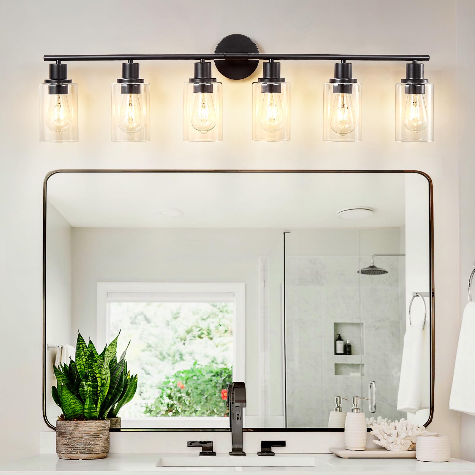 DINGLILIGHTING 6-Light Bathroom Light Fixture Black Metal with Clear Glass Shade for Mirror Kitchen Living Room Hallway