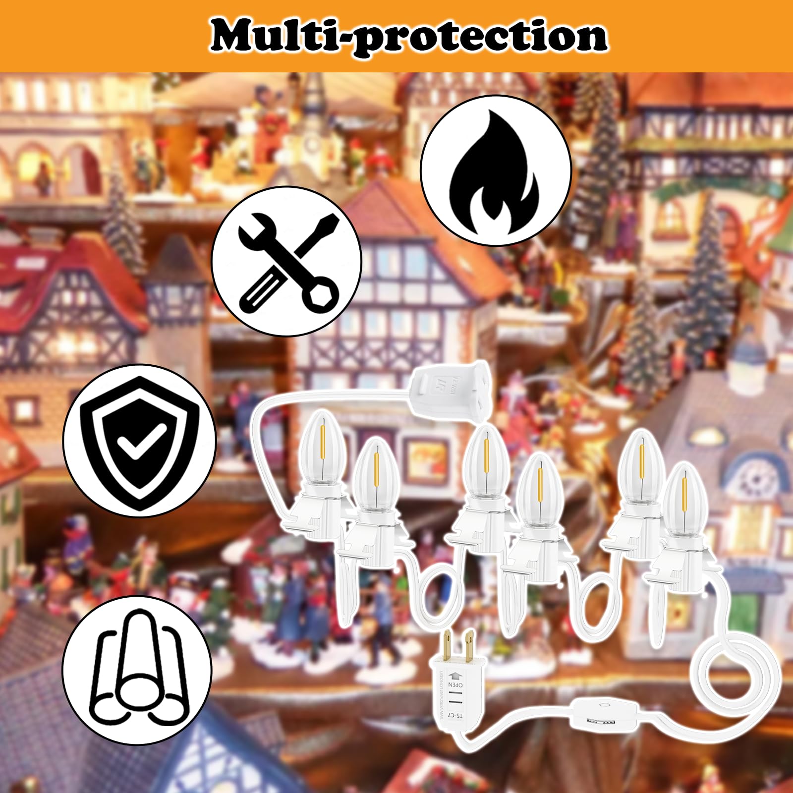 SANJOON Christmas Lights C7 Blow Mold with 6 Warm-White LED Bulbs, 9.8ft, Copper, White