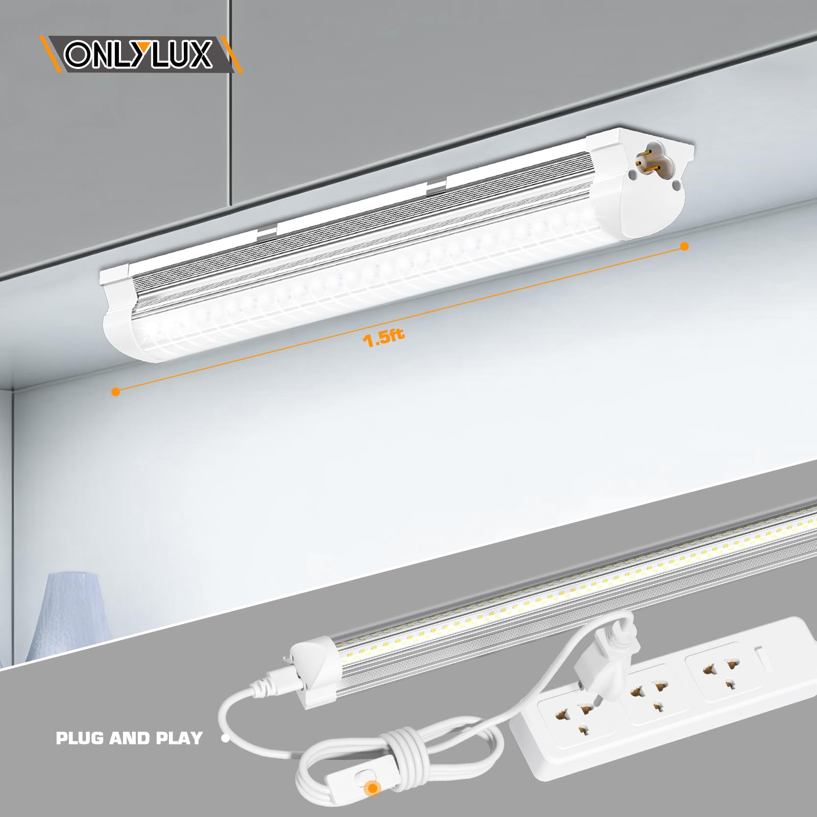 Onlylux Led Shop Lights, Led Tube Light 25W 6000K, Garage Lighting, Super Bright, Under Cabinet Lighting, Linkable With Plug Sho