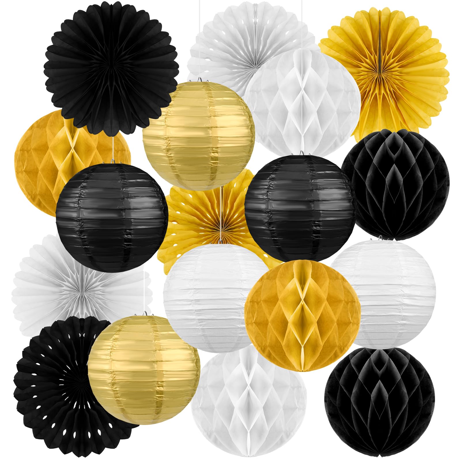 Raiten 18 Pcs Black Gold Party Decorations Kit Black Gold and Sliver White Paper Lanterns Hanging Round Paper Fans Hanging Honey